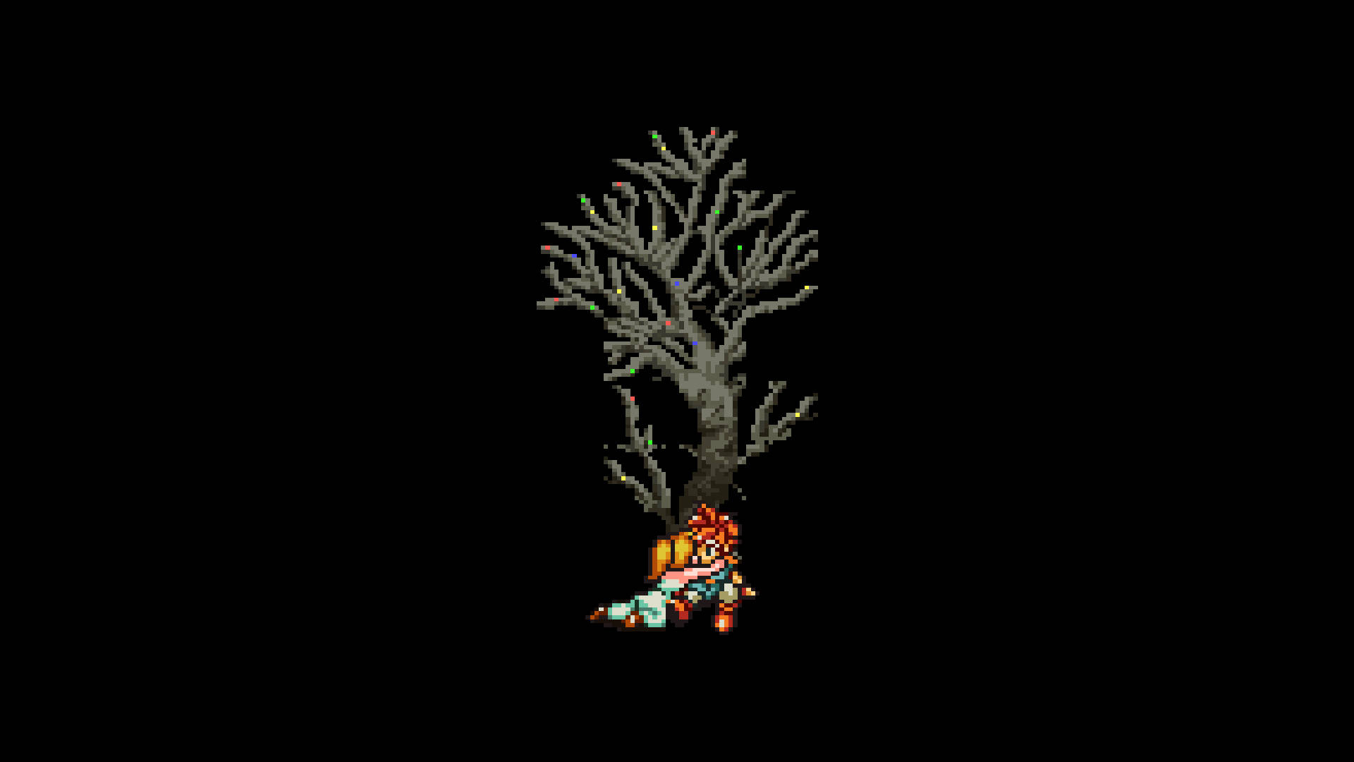 Crono îmbrățișat de Marle pe un copac în pixel art întunecat Fundal