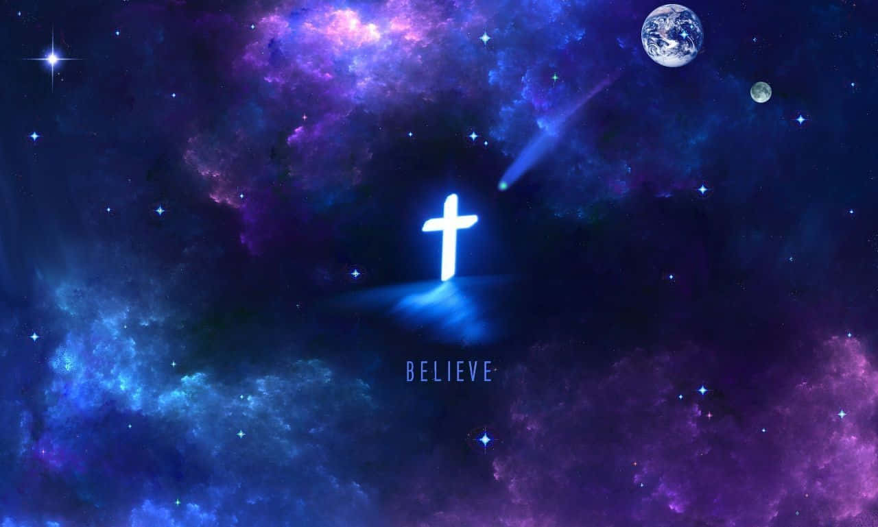 Cruce Neon Galaxie Believe Fundal