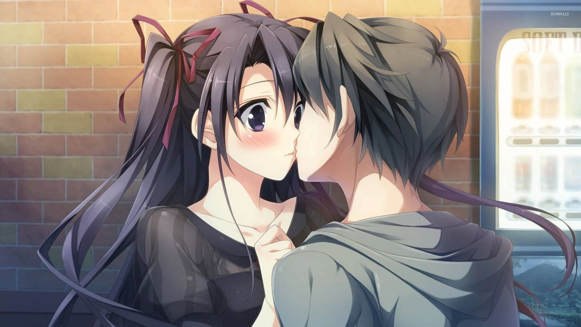 Cuplu anime drăguț sărutându-se lângă un zid de cărămidă Fundal