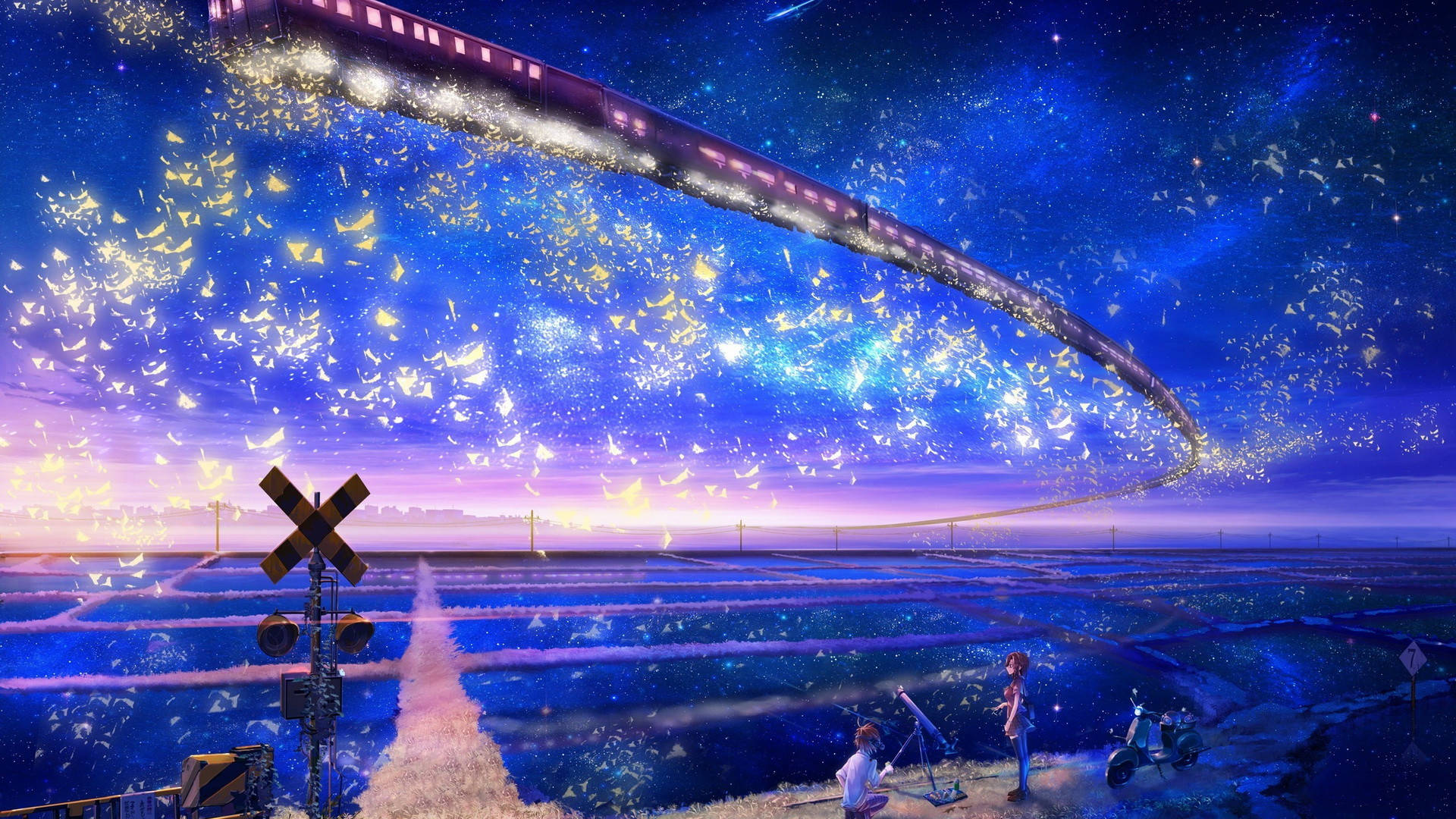Cuplu anime frumos privind cerul magic Fundal