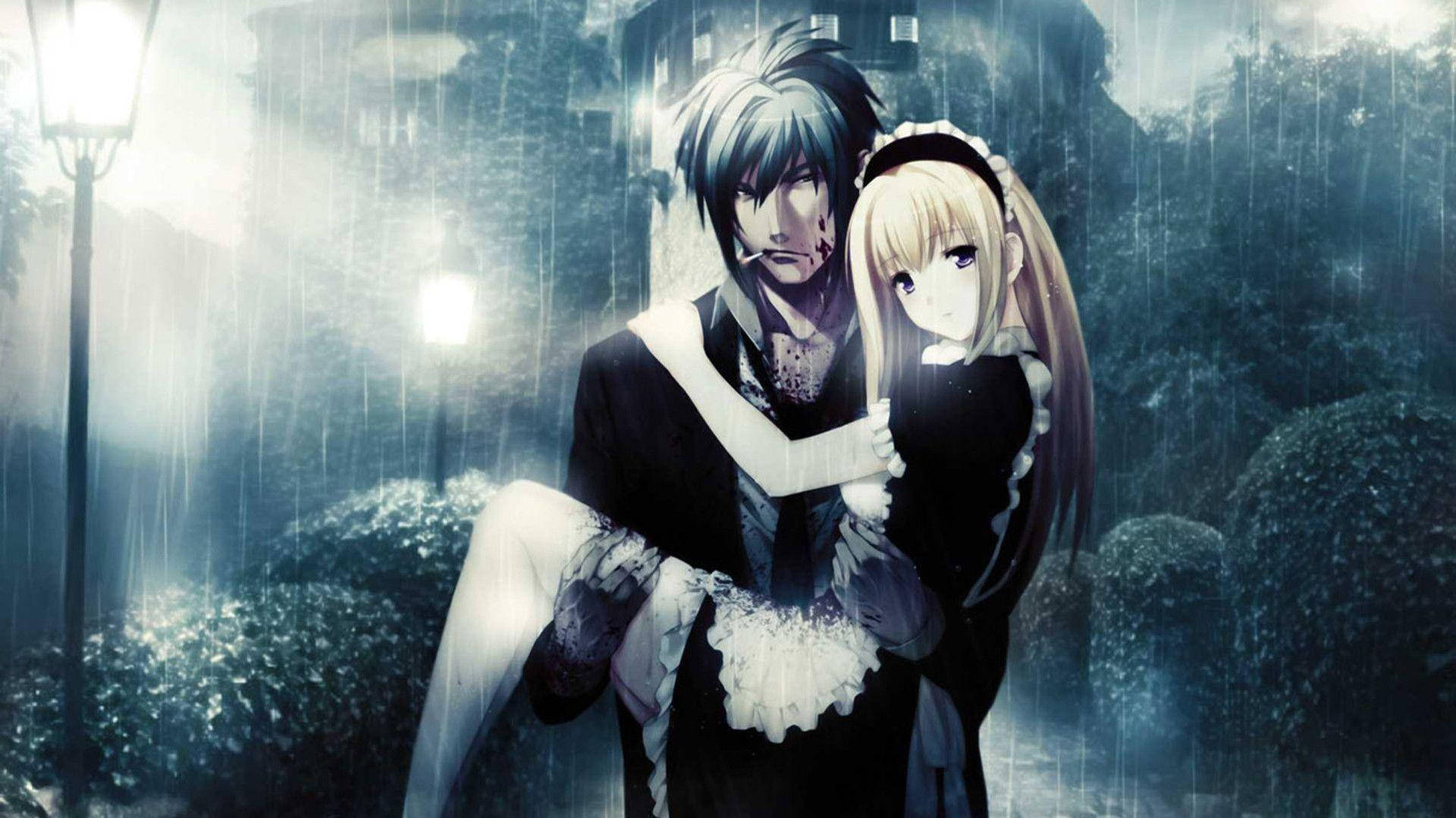 Cuplu anime îmbrățișându-se în ploaie Fundal