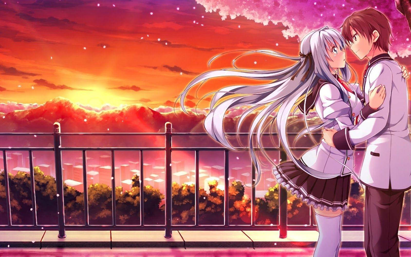 Cuplu anime îmbrățișându-se la apus Fundal