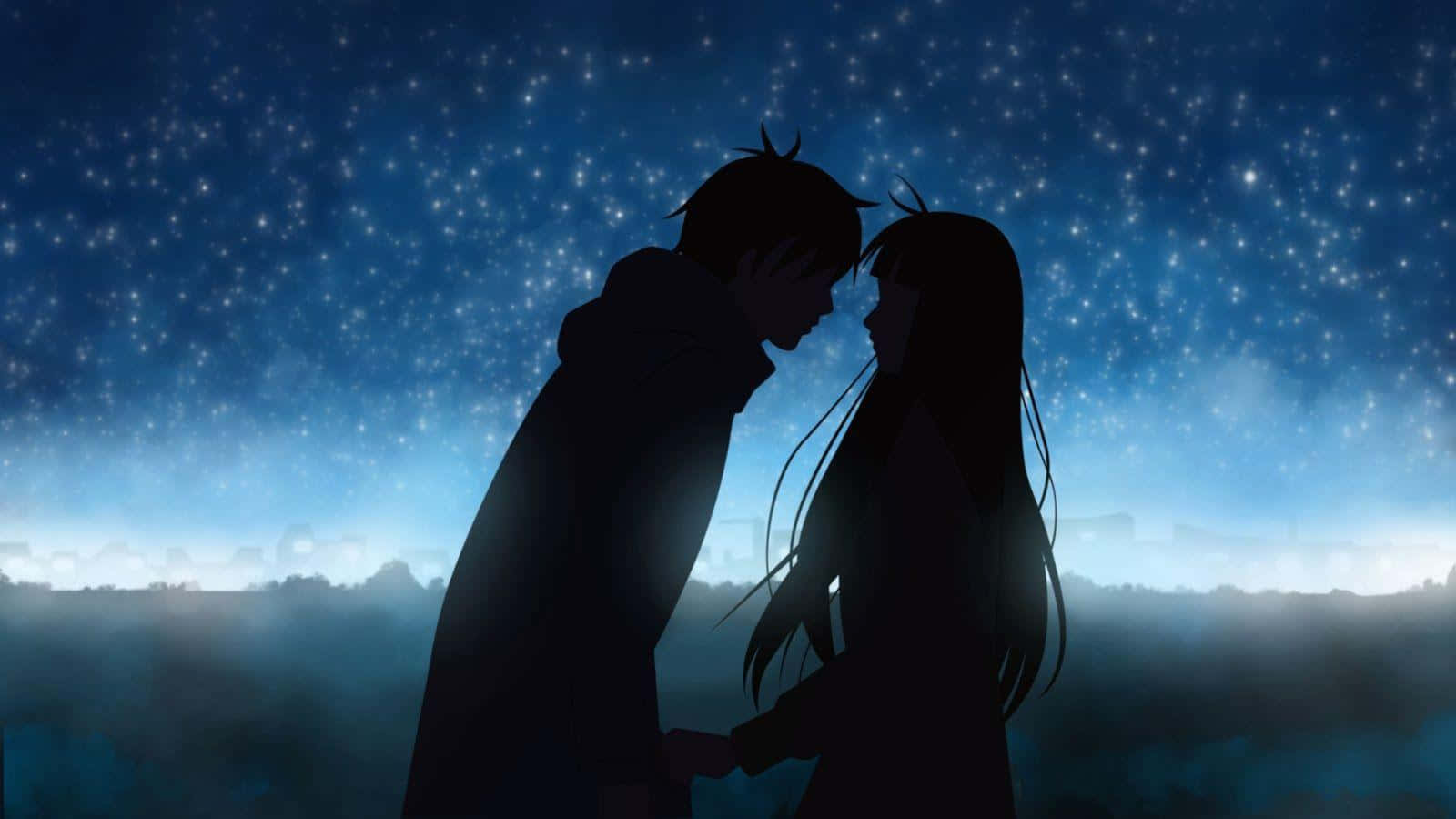 Cuplu Anime Romantic Siluetă Cer Albastru Noapte Fundal