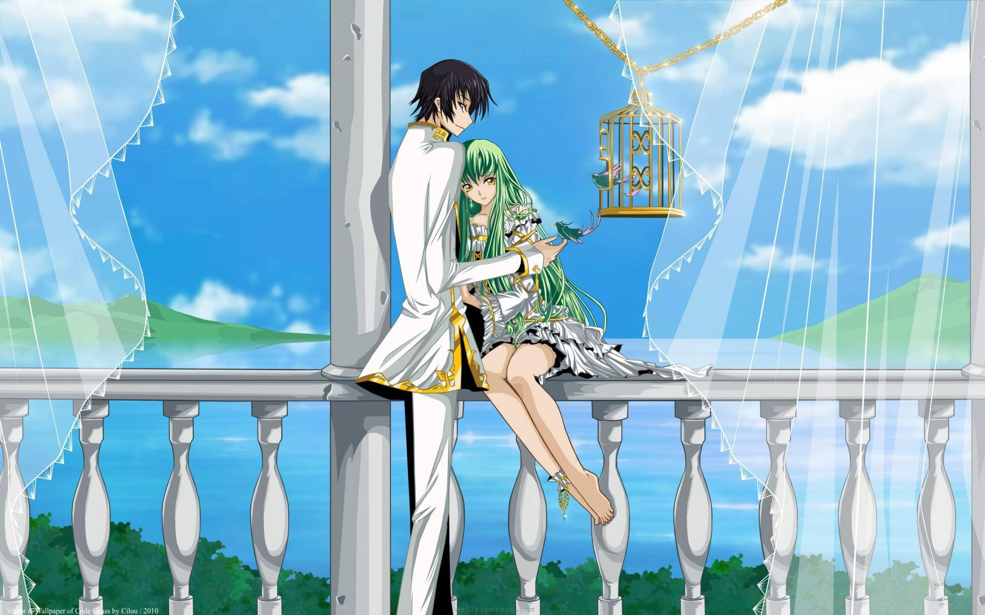 Cuplu romantic anime pe balcon Fundal