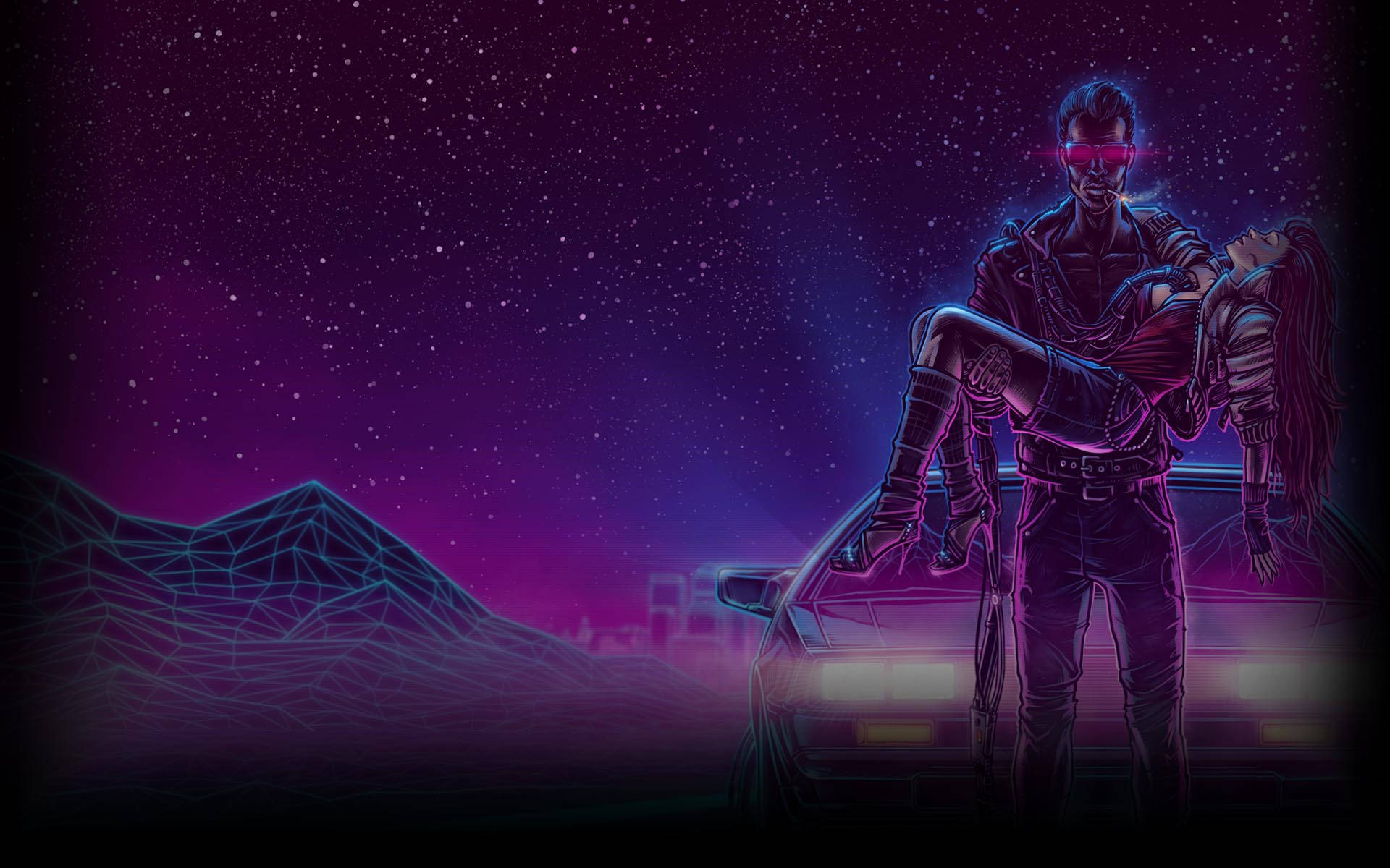 Cyberpunk estetic violet neon cu schelet wireframe Fundal