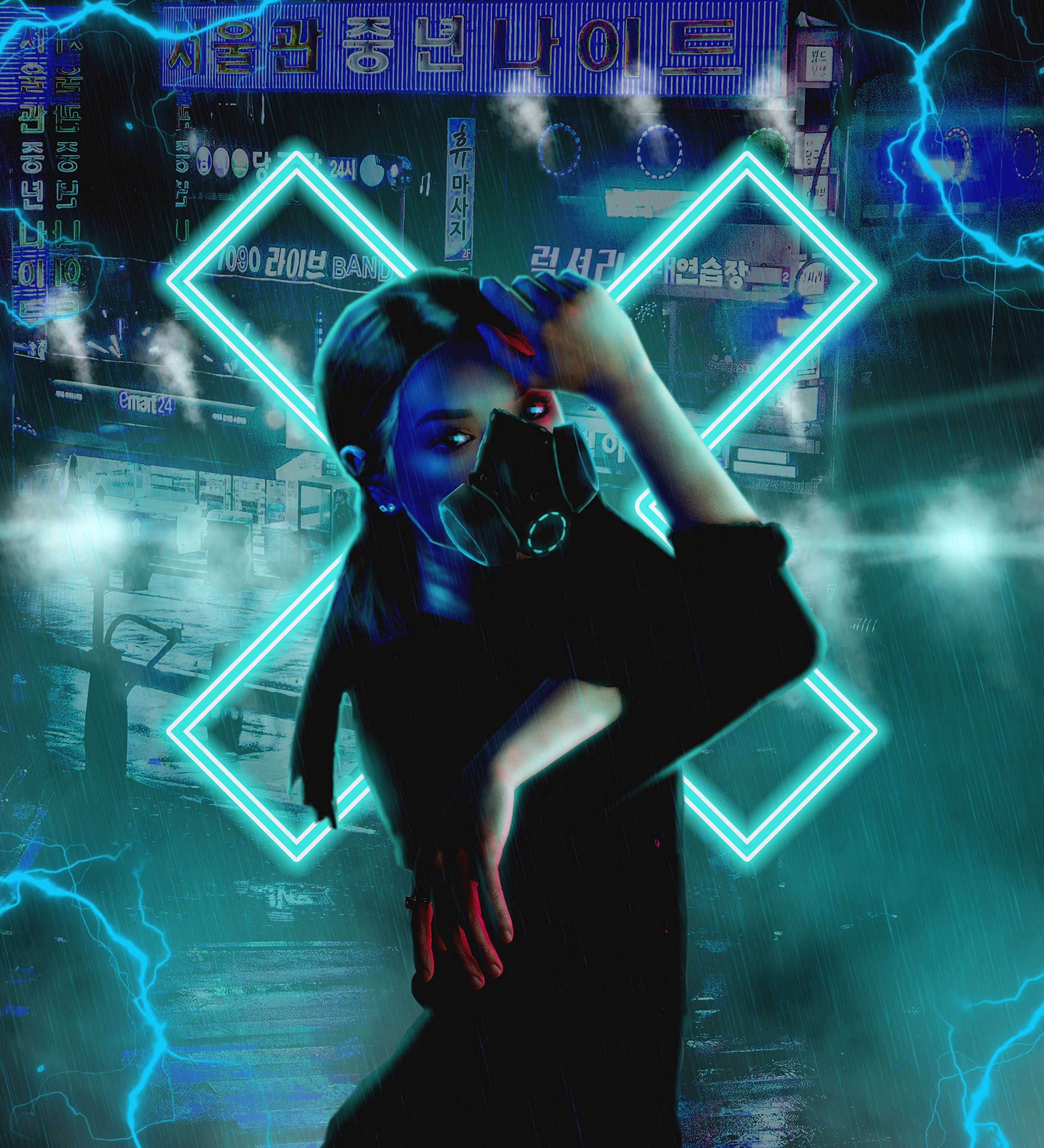 Fata Cyberpunk cu Mască Respiratorie Fundal