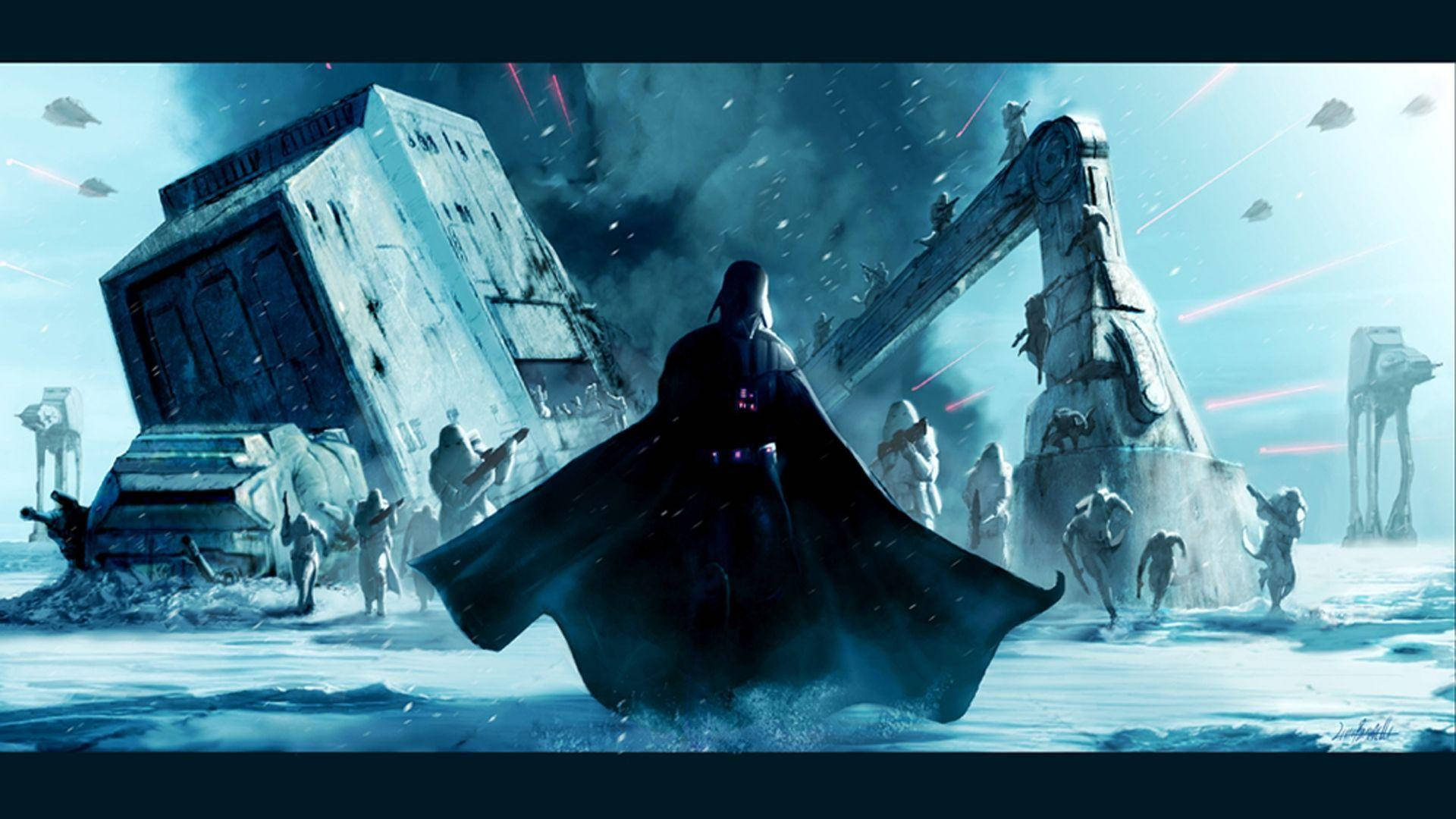 Fundal Războiul Stelelor cu Darth Vader stând pe o planetă oraș distrusă. — Star Wars Fundal
