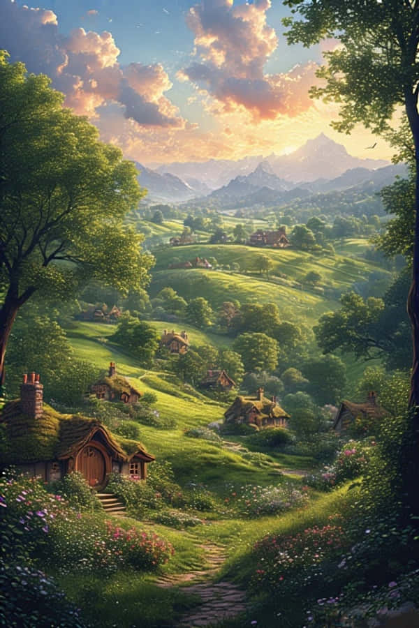 Dealurile Hobbiton și Casele Hobbiților Fantasy 4K Fundal