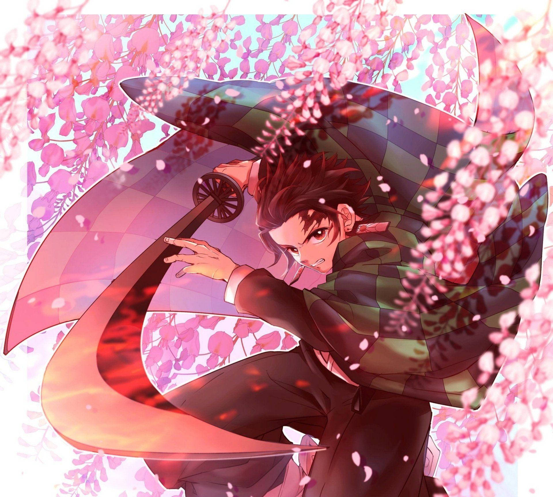 Demon Slayer Tanjiro Flori Roz Fundal