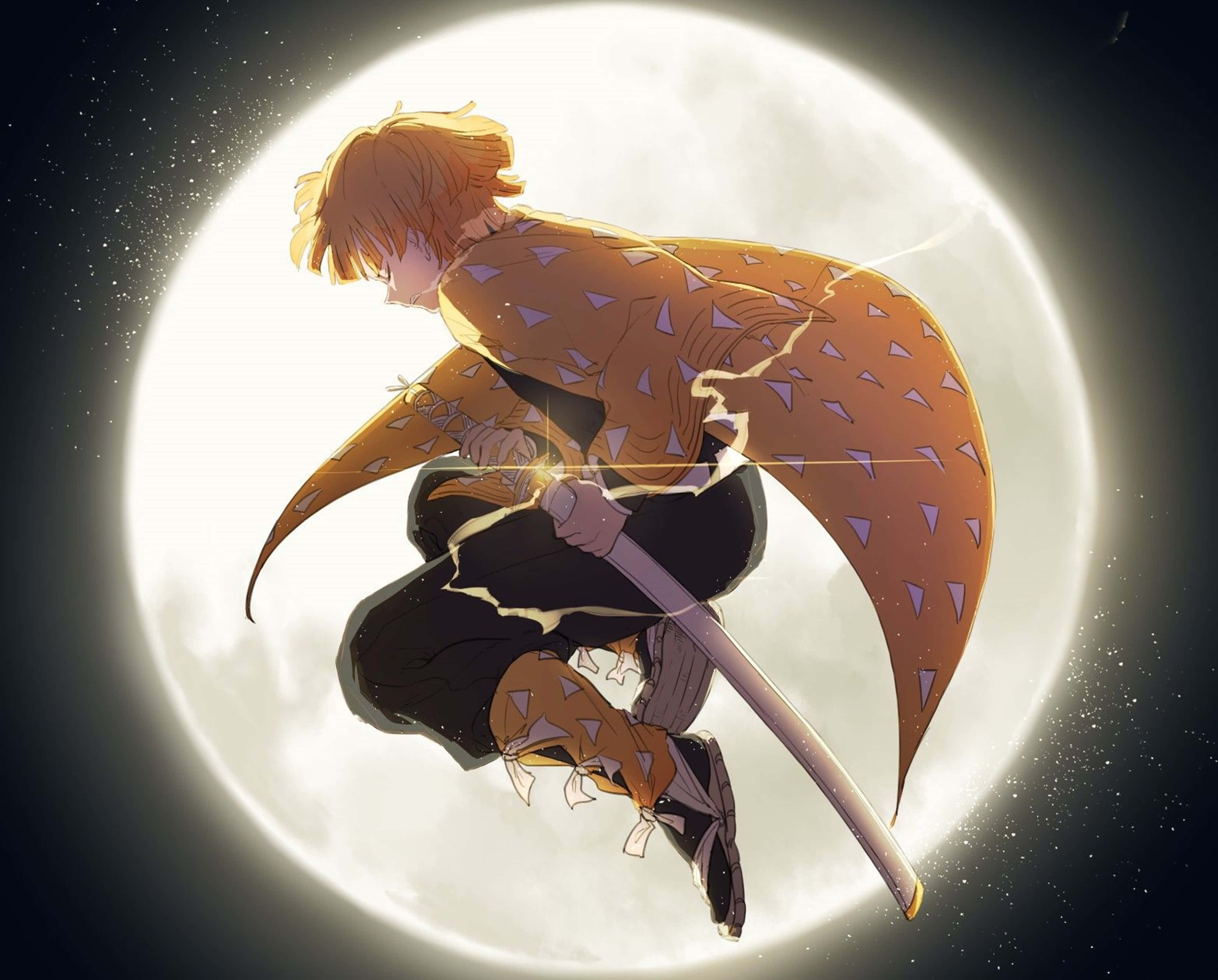 Demon Slayer Zenitsu în centrul lunii 4K Fundal