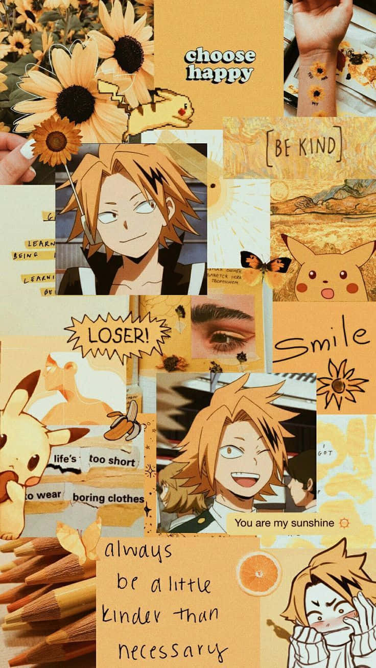 Denki Kaminari pe un colaj estetic galben Fundal