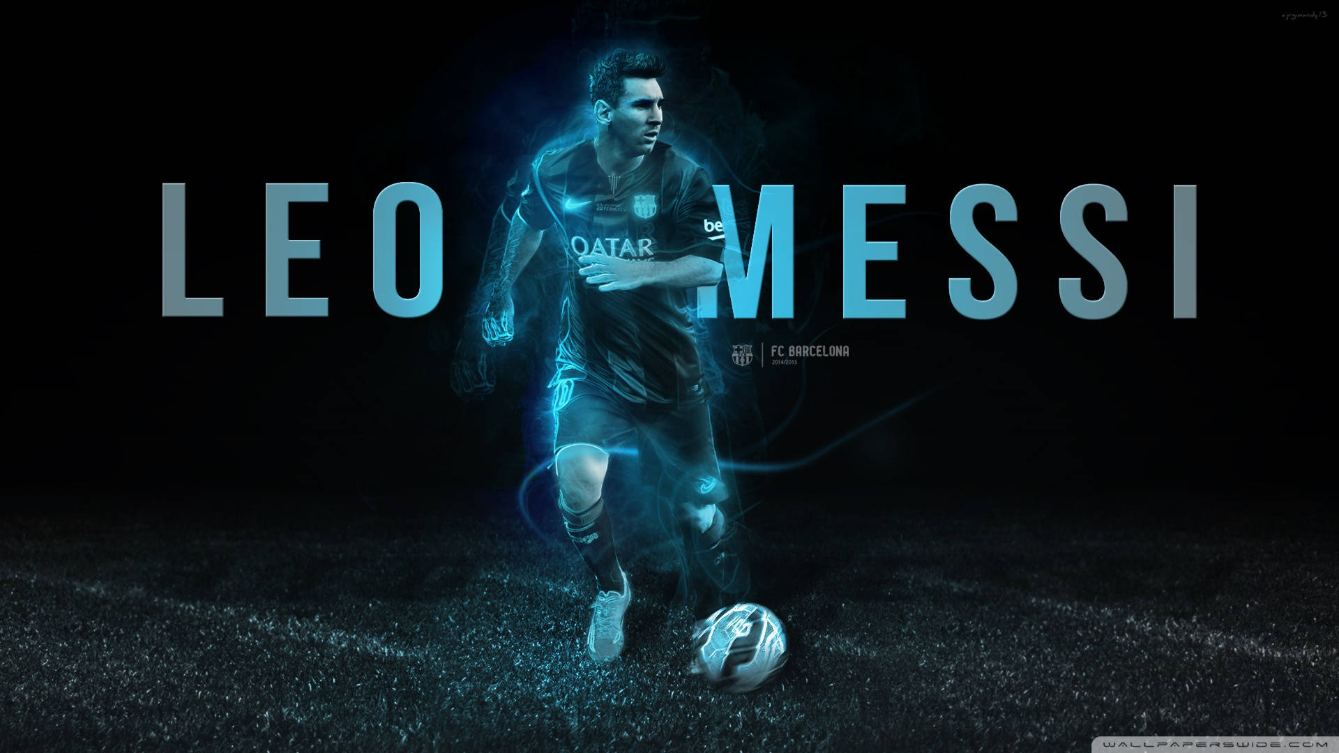 Fundal cu Leo Messi în lumină albastră neon și text cu numele său în albastru — Messi Fundal