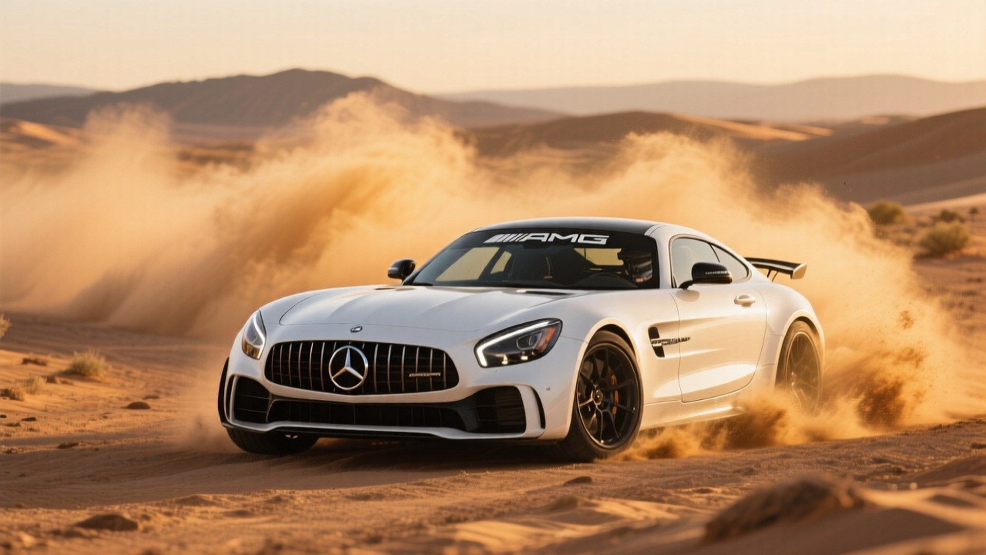 Mercedes-AMG GT R alb derapând în deșert la ora de aur