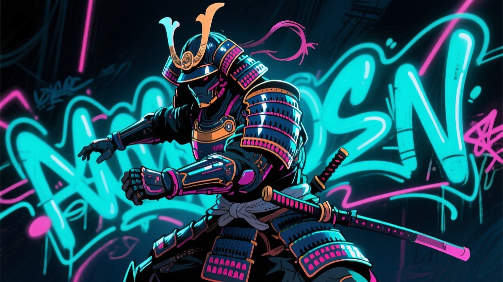 Desen Cool cu Samurai Neon Fundal