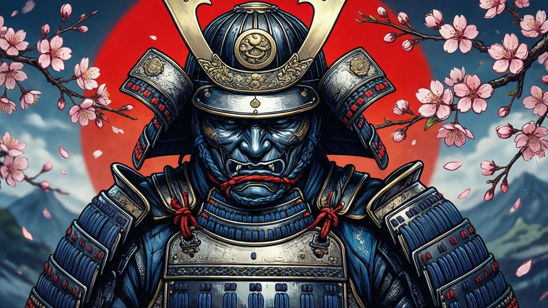 Desen Cool cu Samurai și Flori de Cireș Fundal