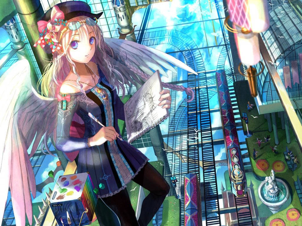 Desen cu o fată anime kawaii cu aripi de înger Fundal