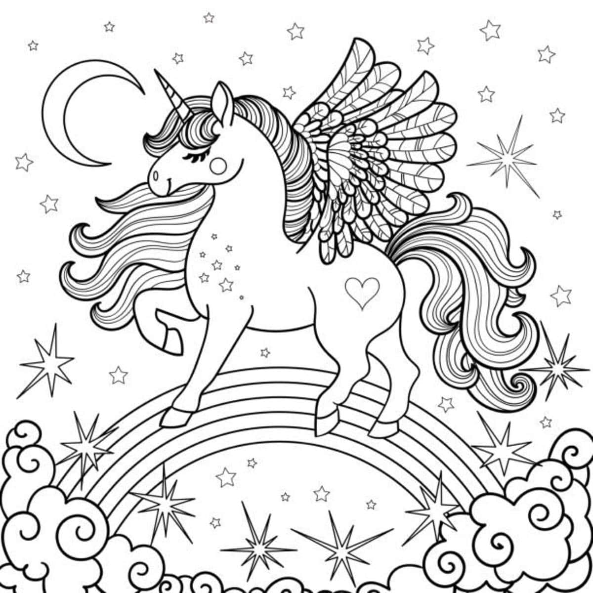 Desen de colorat cu unicorn mergând pe curcubeu Fundal