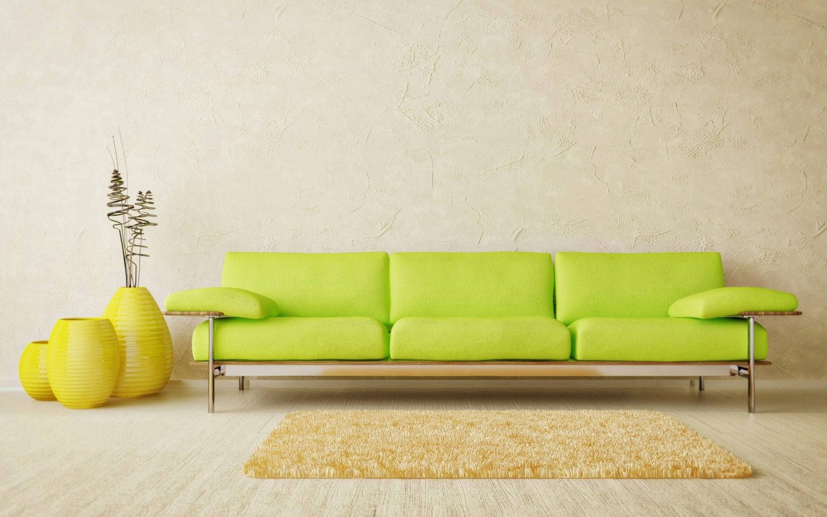 Tapet design interior minimalist cu canapea verde deschis și vază galbenă într-o cameră — Minimalist Fundal