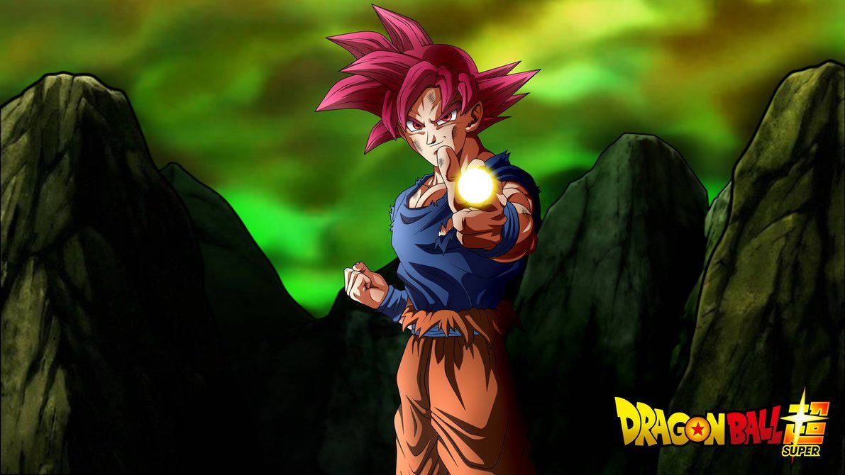 Tapet cu Goku Super Saiyan Dumnezeu pe un cer galactic verde. — Goku Fundal