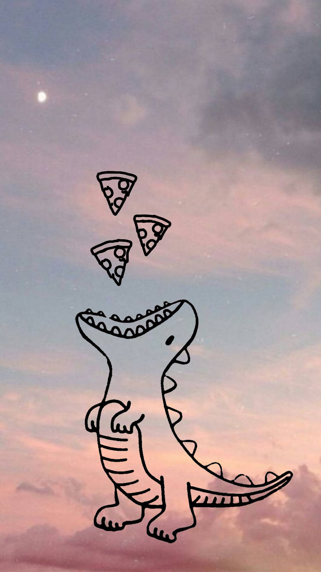 Dinozaur drăguț mâncând pizza pe cer Fundal