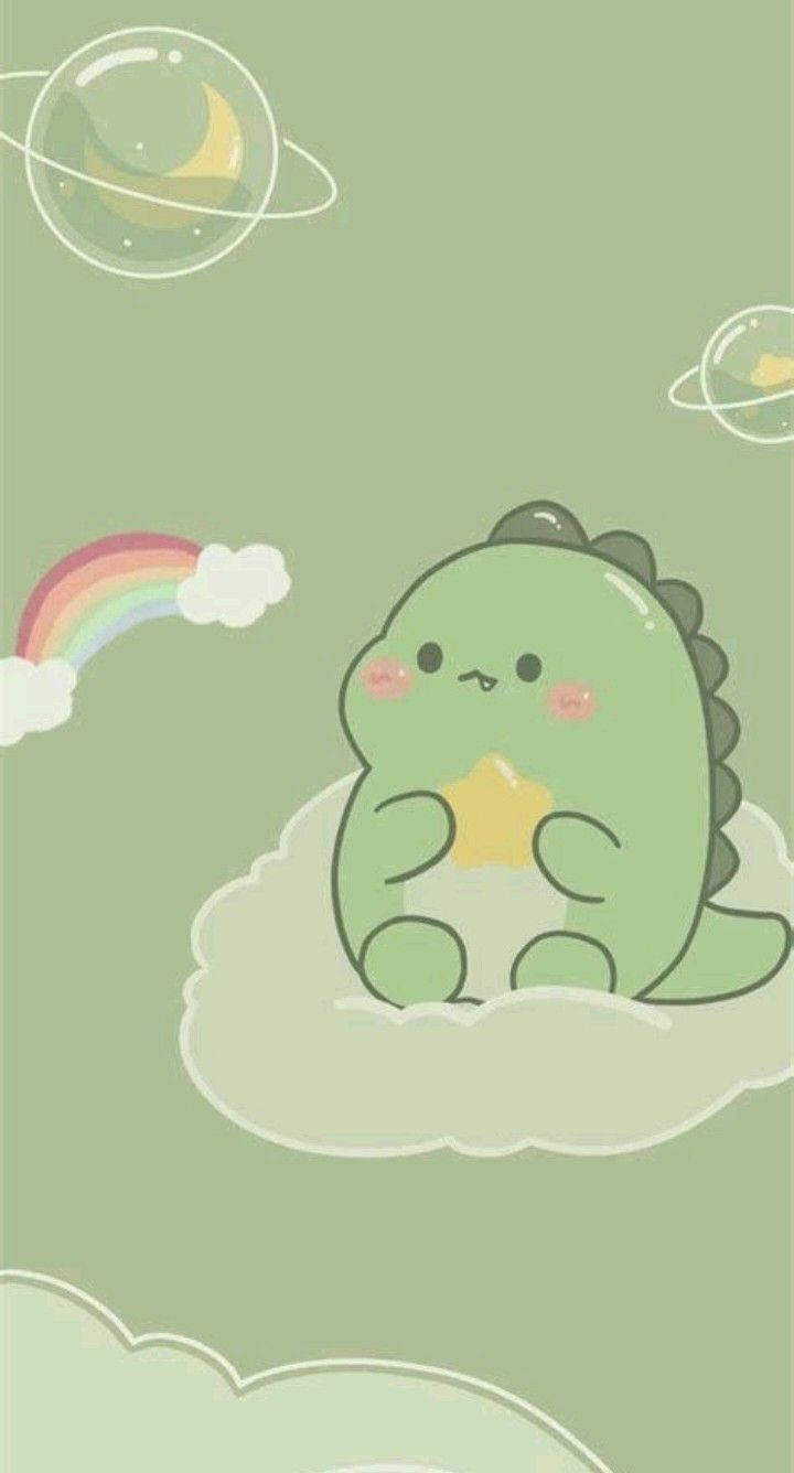 Dinozaur Kawaii Așezat pe un Nor pentru iPhone Fundal