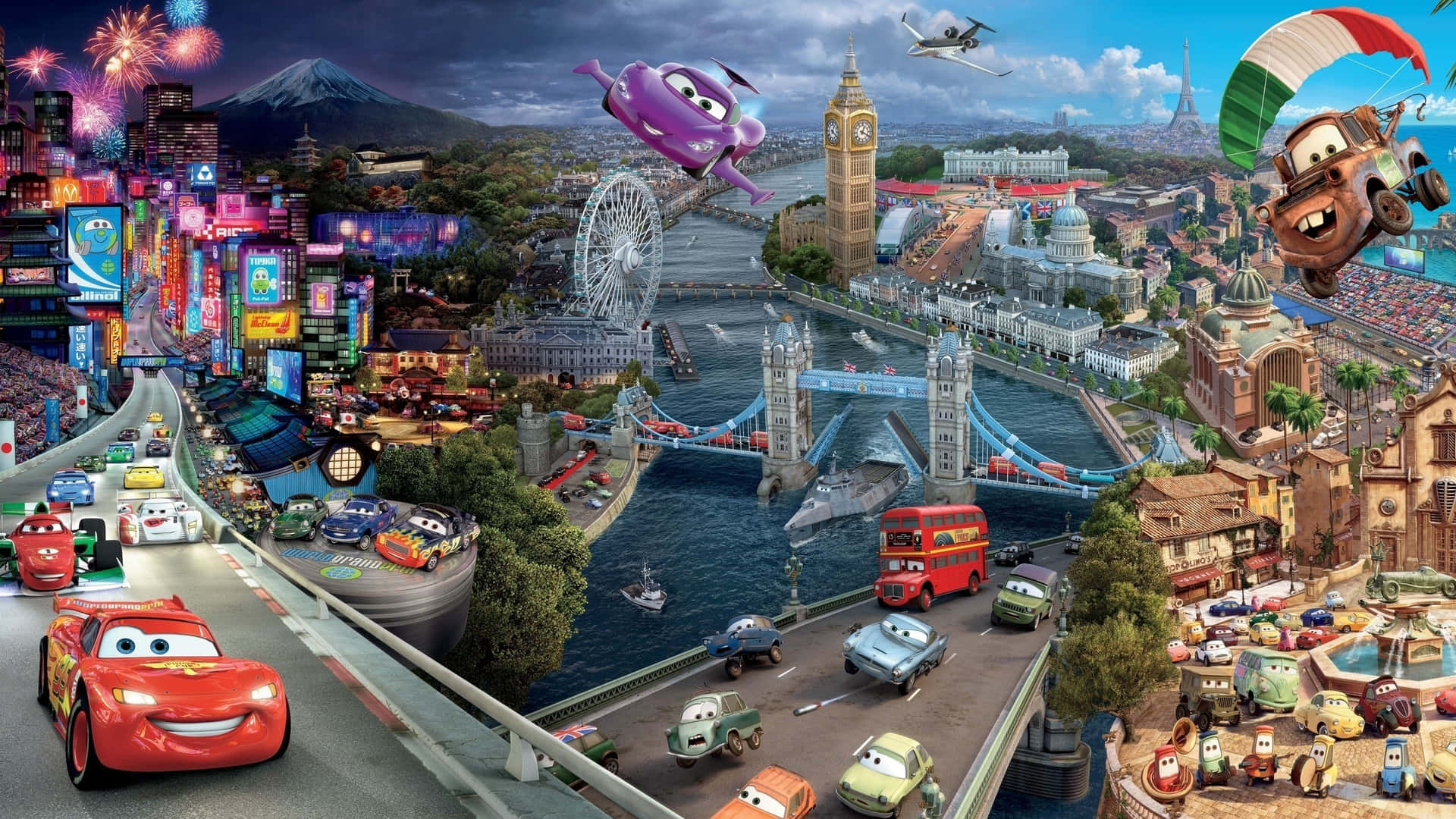 Disney Cars - un oraș cu multe mașini care zboară în jur Fundal