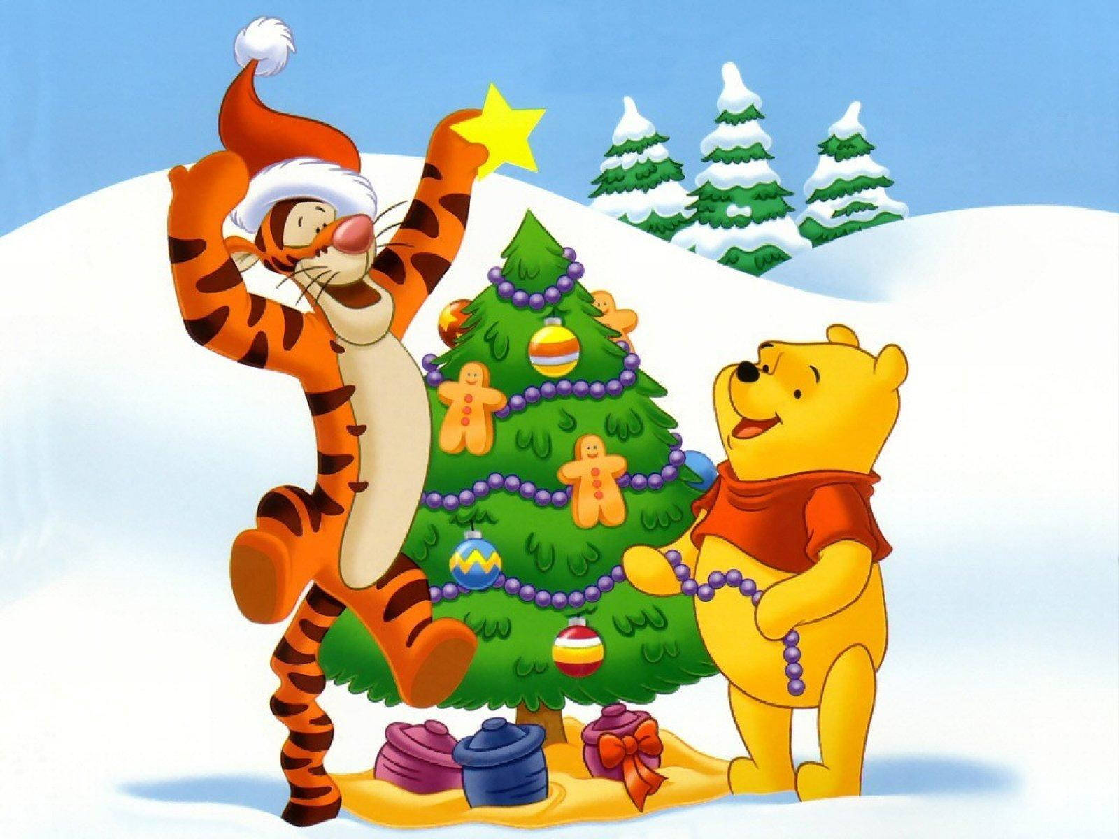 Disney Winnie The Pooh împodobește bradul de Crăciun Fundal