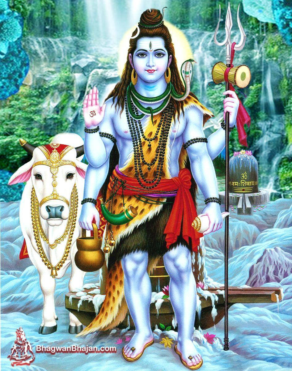 Divine Shiv Shankar în fața cascadelor maiestuoase HD Wallpaper Fundal