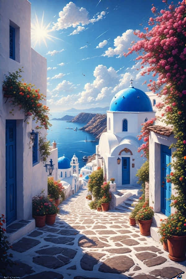 Domuri albastre și case albe în Santorini, Grecia 4K Fundal