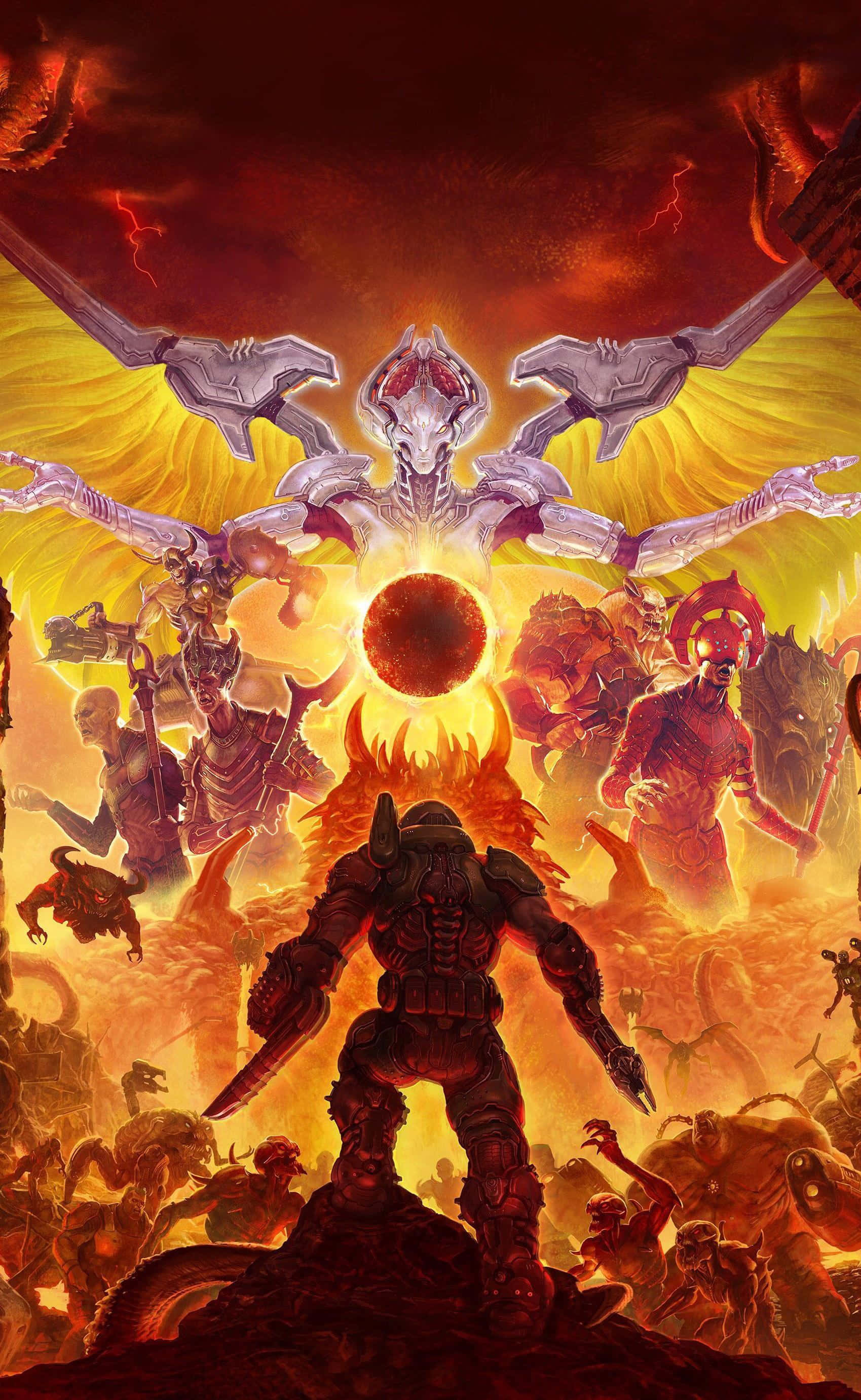 doomsday - un poster cu un demon și un demon Fundal