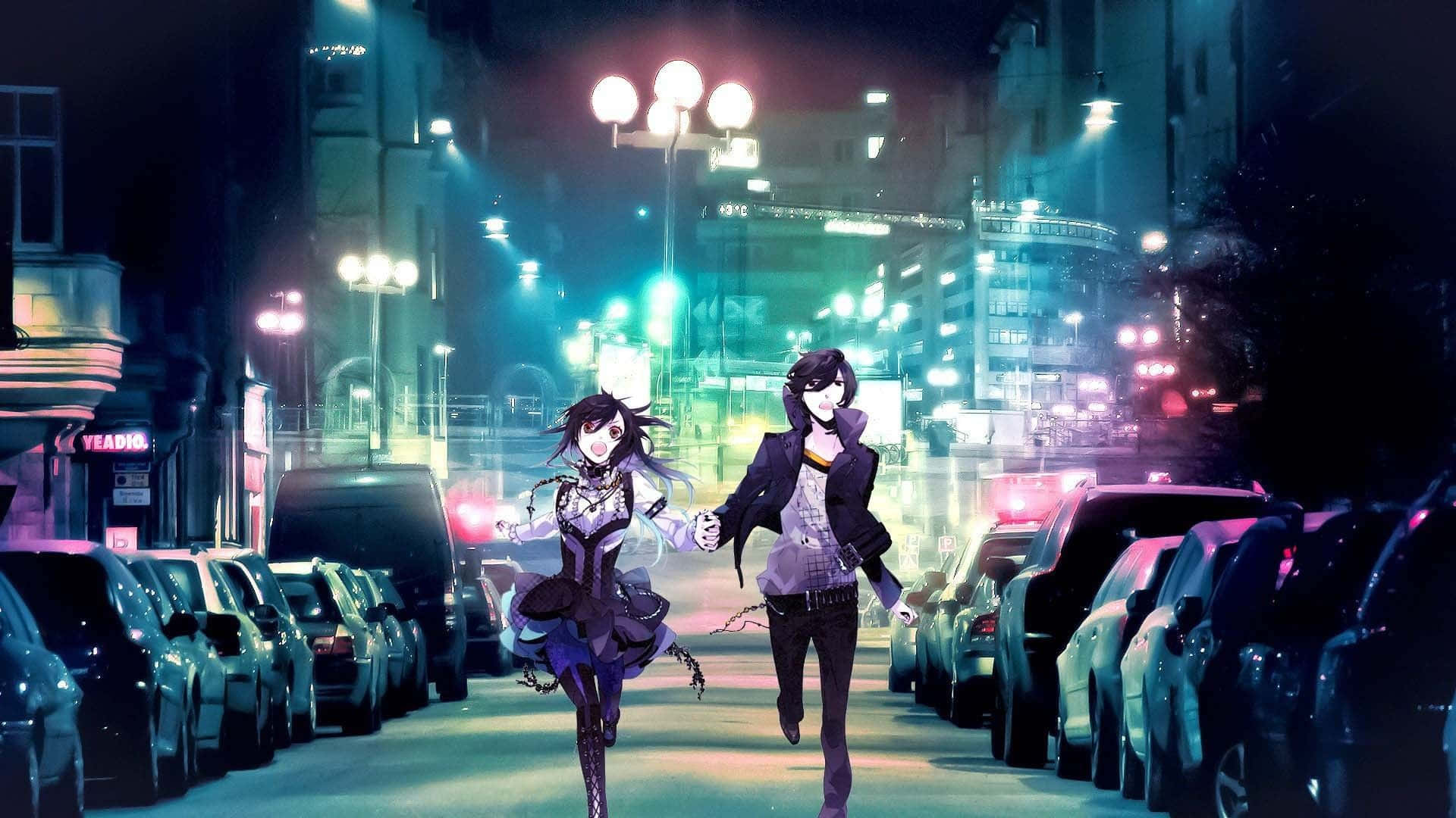două fete anime mergând pe o stradă noaptea Fundal