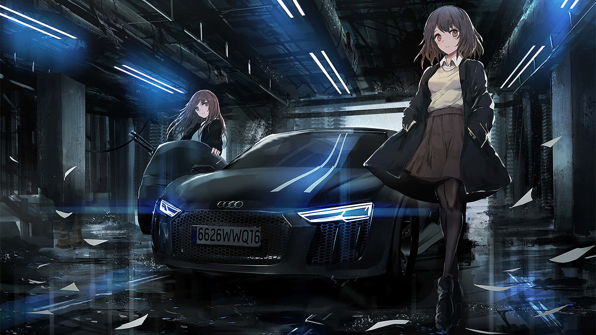 două fete anime lângă o mașină Fundal