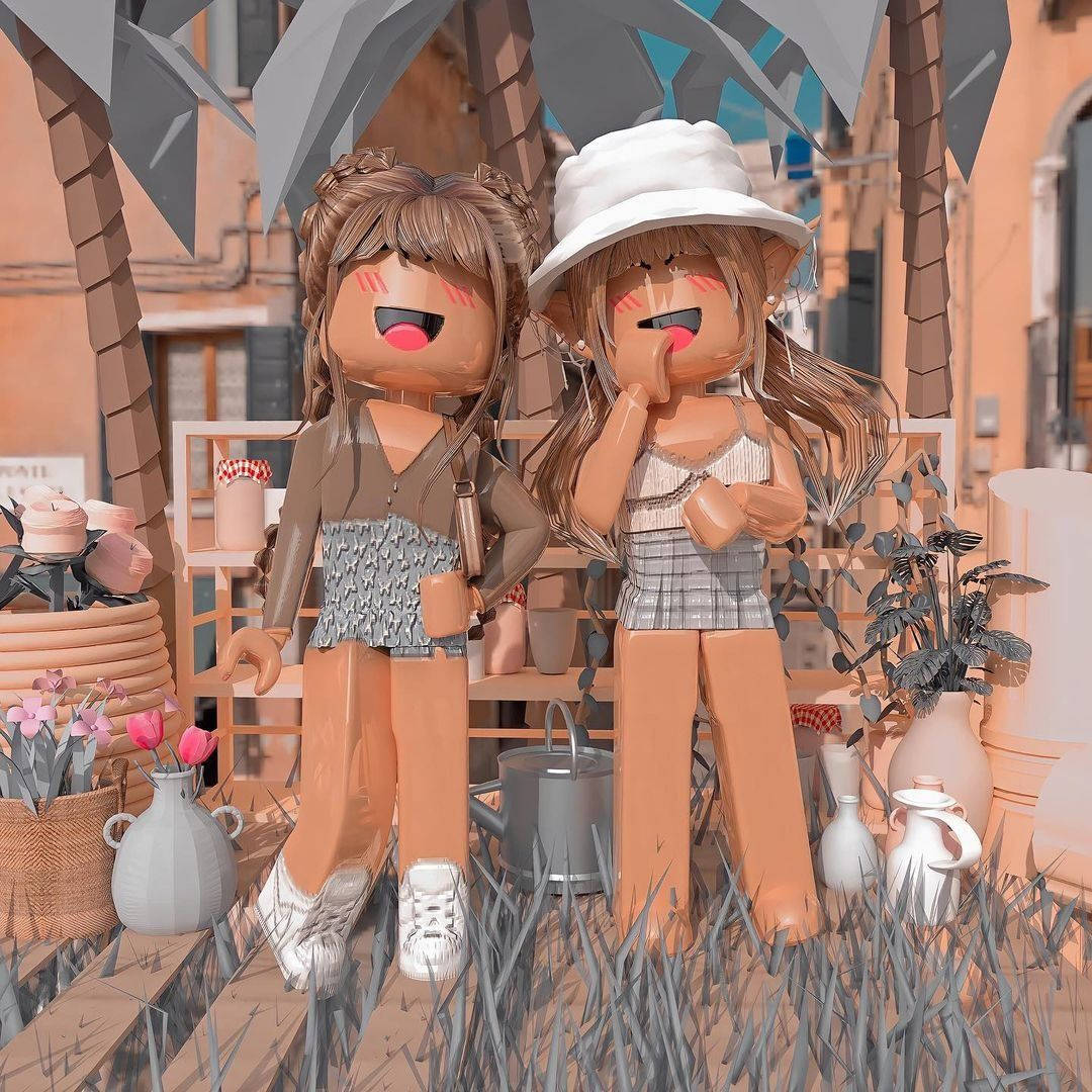 Două fete Roblox fericite, preppy PFP, grădină Fundal