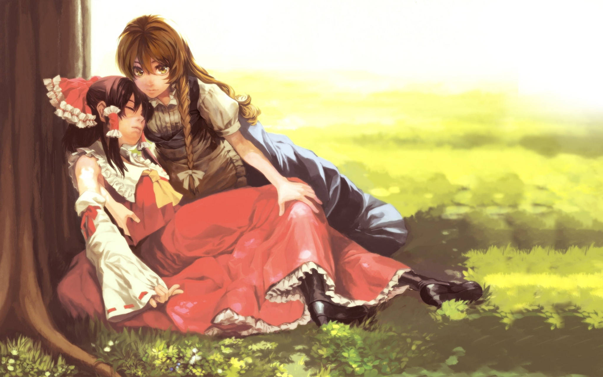 Două personaje anime, Reimu și Marisa, într-o îmbrățișare plină de afecțiune Fundal