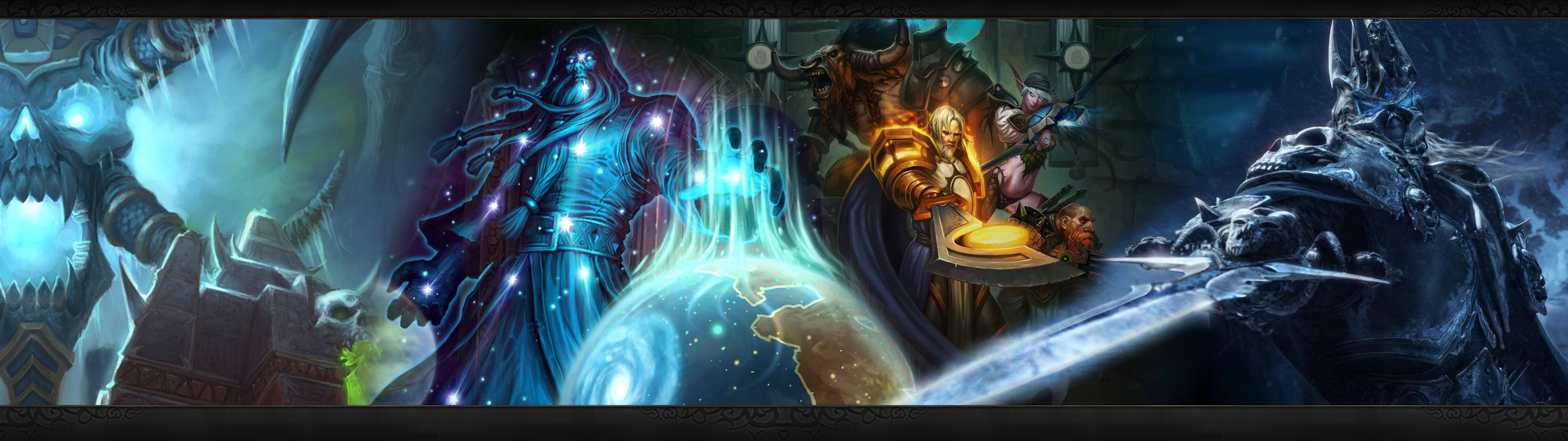 Două personaje din World of Warcraft luptându-se pe două monitoare Fundal