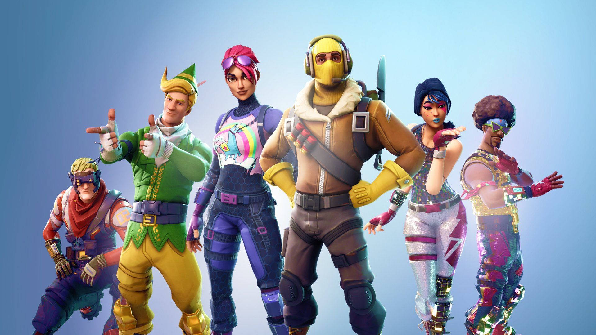 Două personaje vesele Fortnite se bucură de o zi însorită Fundal