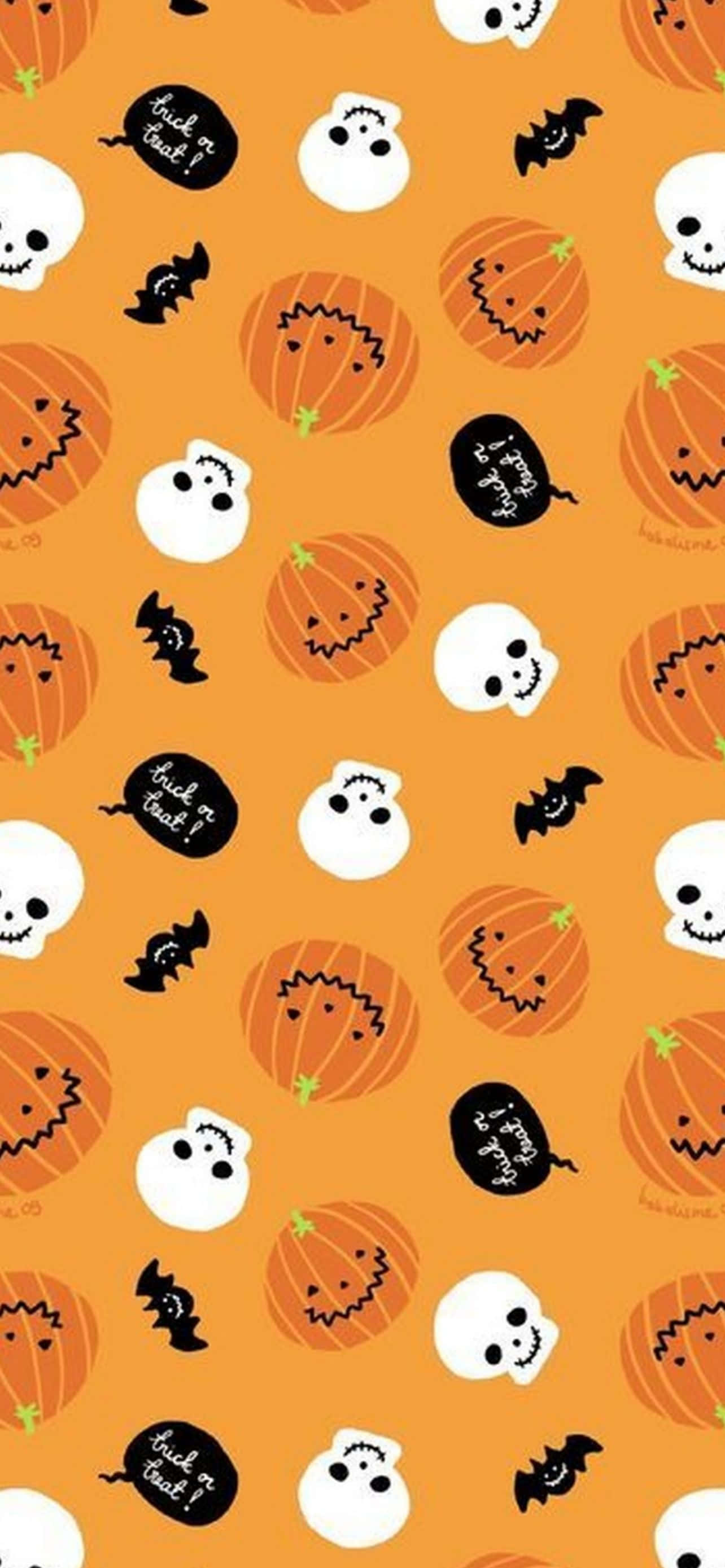 dovleci de Halloween și cranii pe un fundal portocaliu Fundal