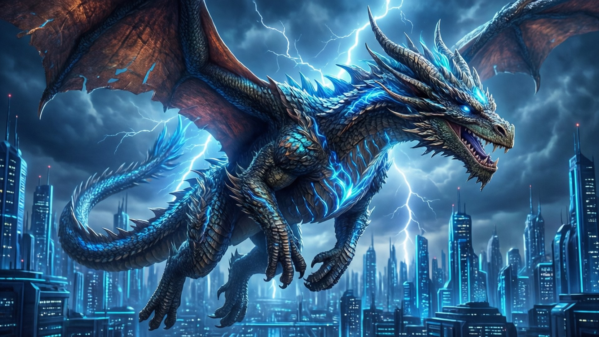 Dragon Albastru Neon Deasupra Orașului Fundal