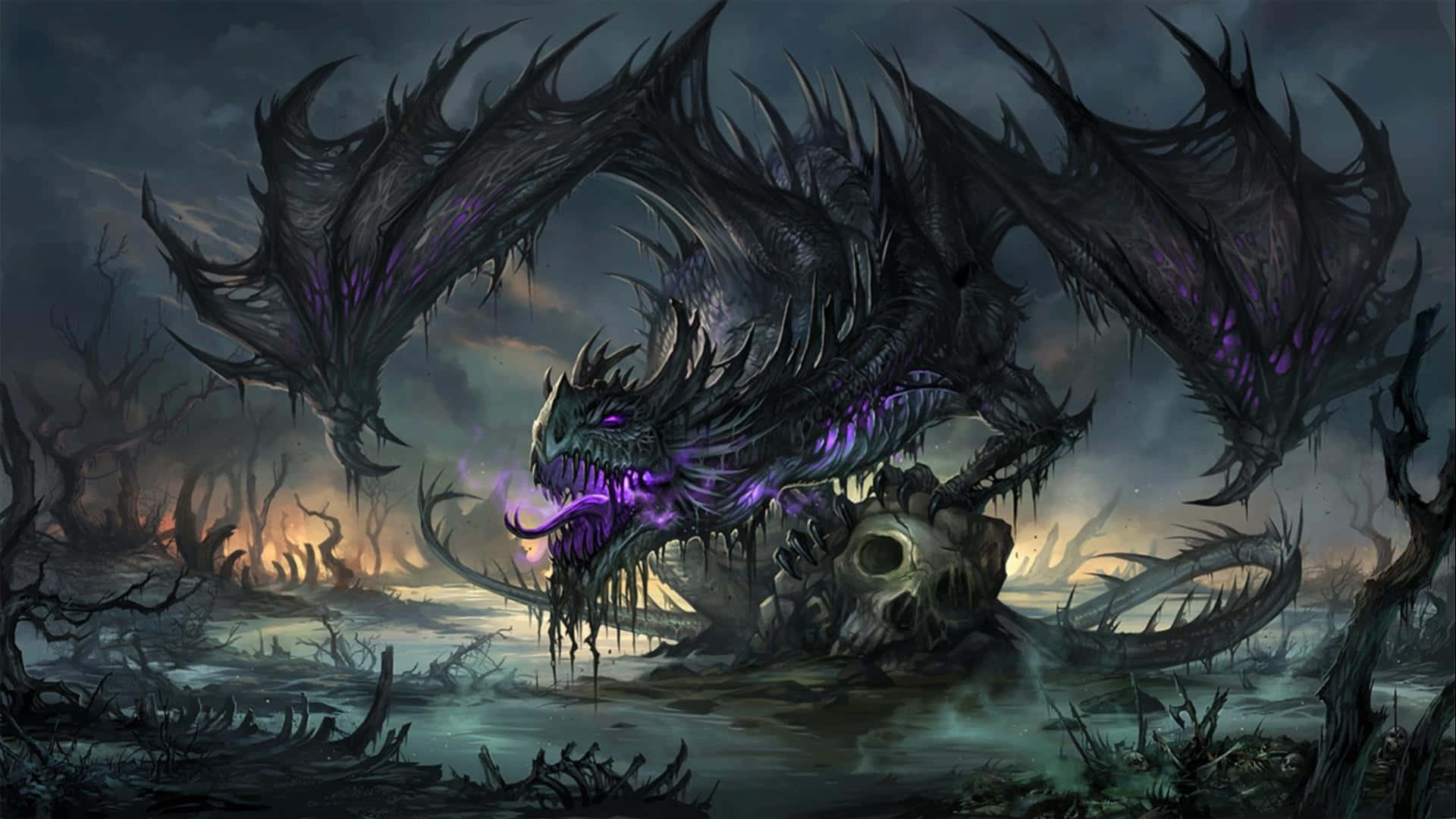 Dragon Înfricoșător pe un Lac Întunecat Fundal