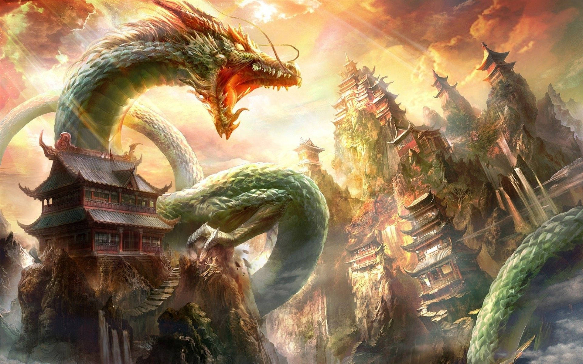 Dragon japonez PC pe temple și coline Fundal