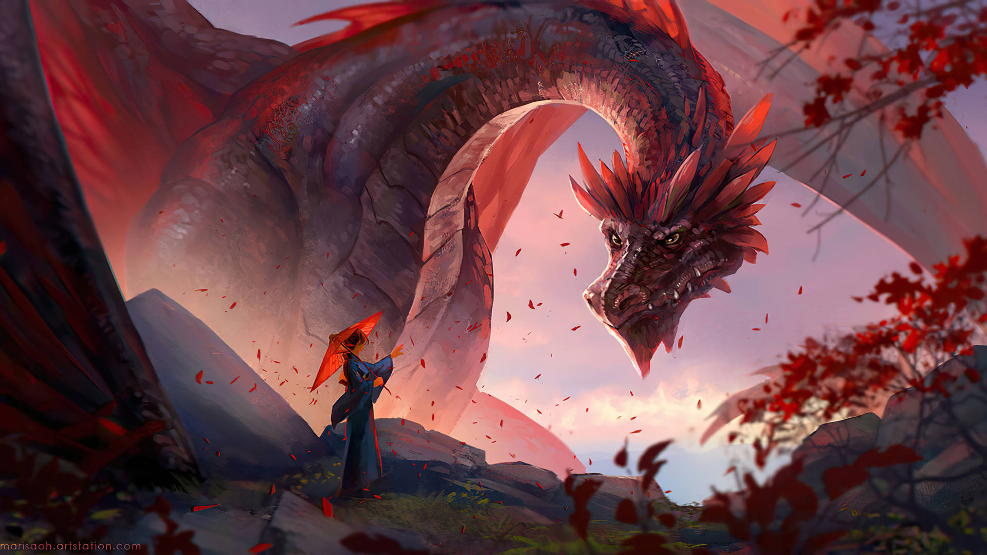 Dragon Roșu Uriaș cu o Fată Fundal