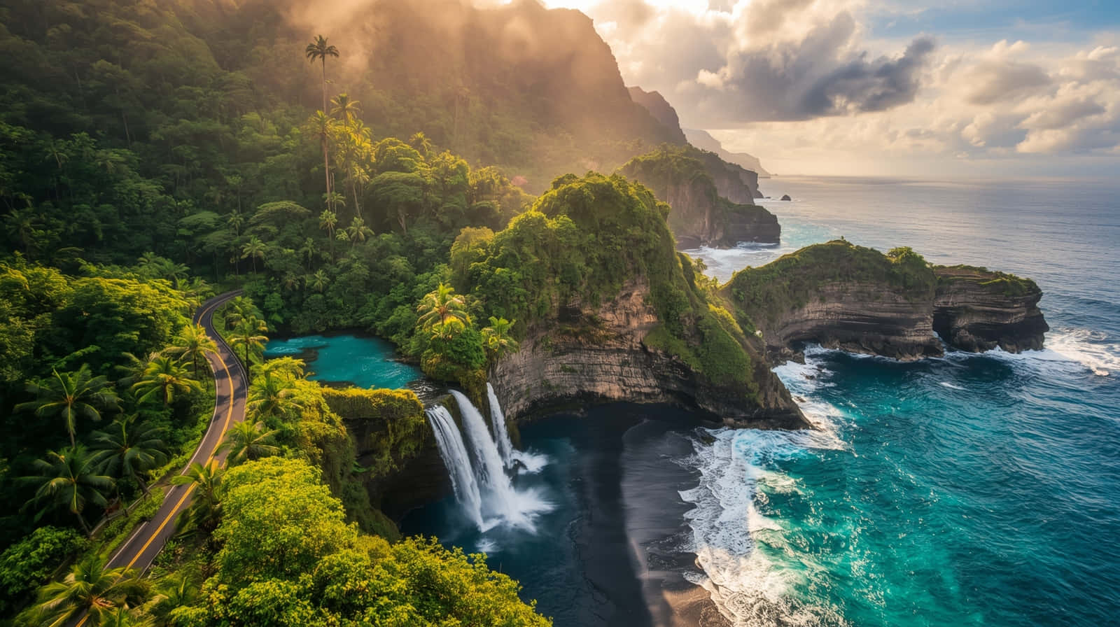 Drum de munte pe insula majestica langa ocean Wallpaper Fundal