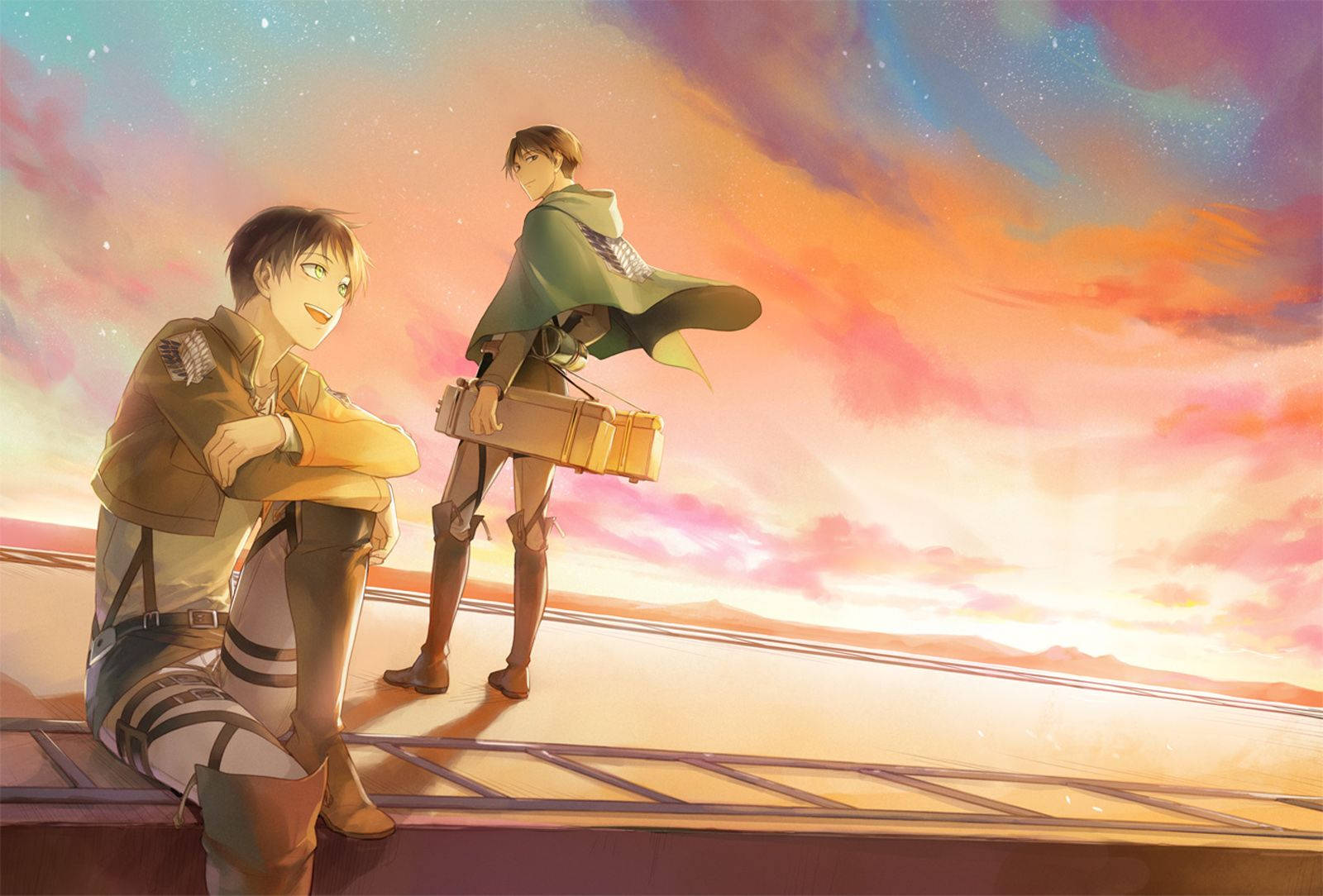 Duoul eroic, Eren și Levi, din Attack on Titan, se bucură de un moment într-o noapte înstelată. Fundal