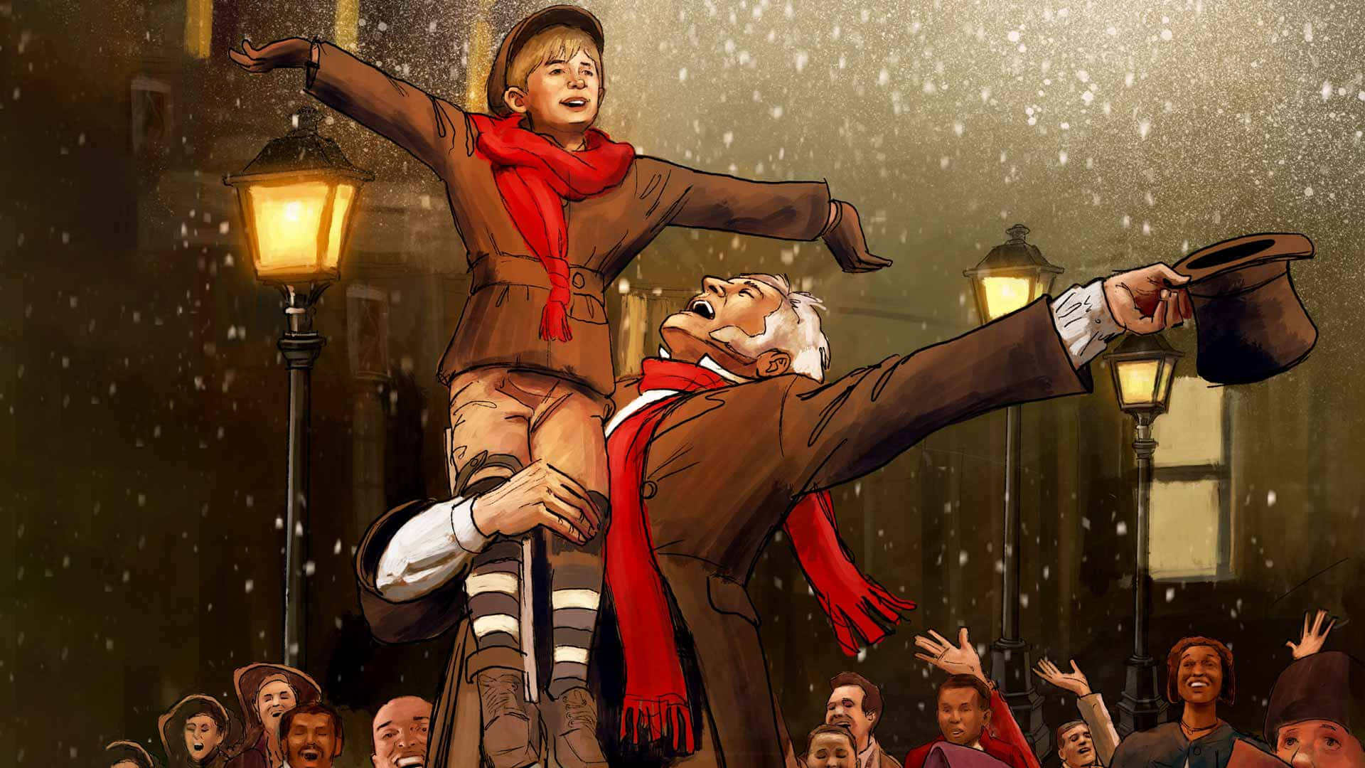 Ebenezer Scrooge se bucură de spiritul Crăciunului Fundal