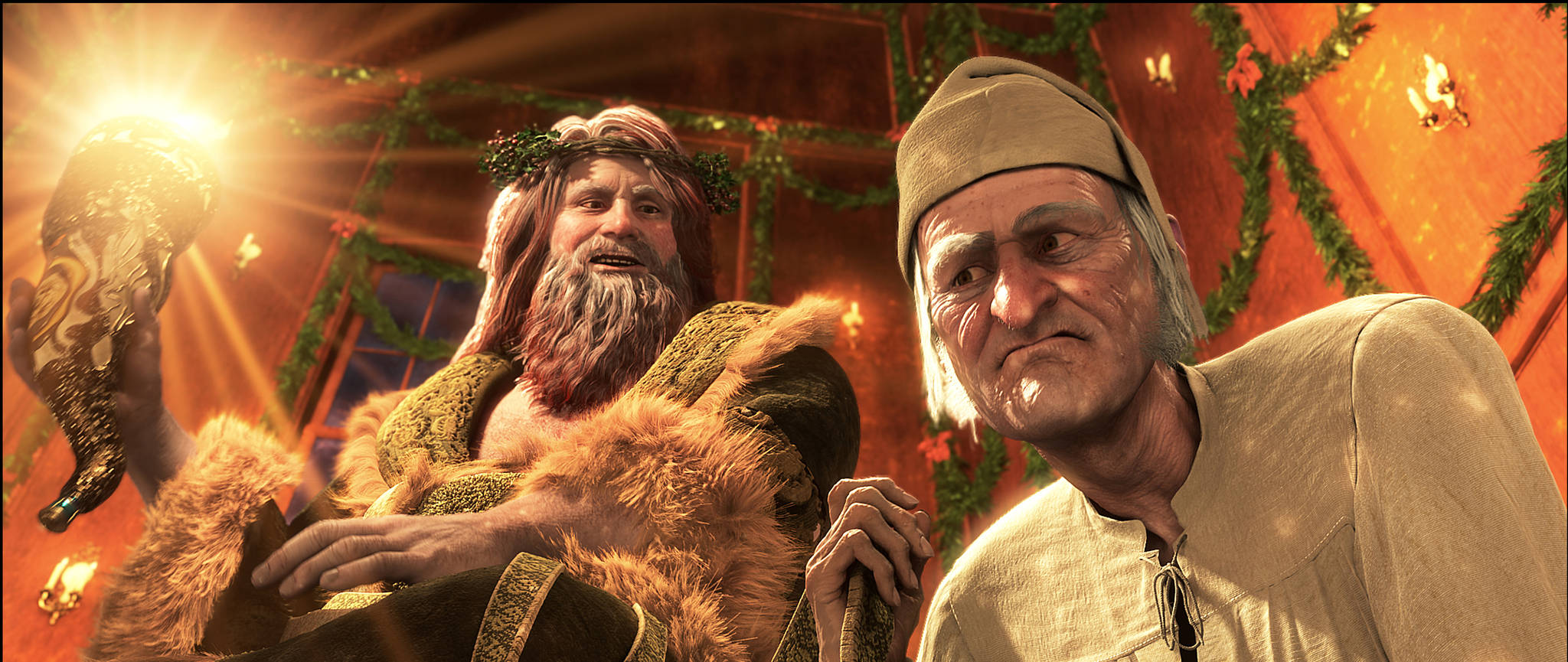 Ebenezer Scrooge îl întâlnește pe Fantoma Crăciunului Trecut într-o scenă din Colind de Crăciun. Fundal
