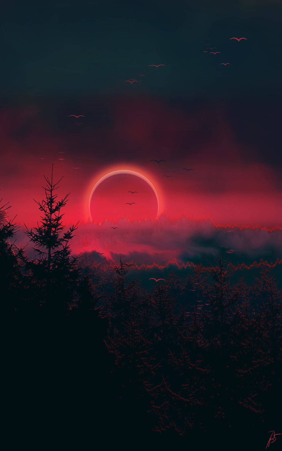 Eclipse Roșie în Pădure iPhone X Natură Fundal