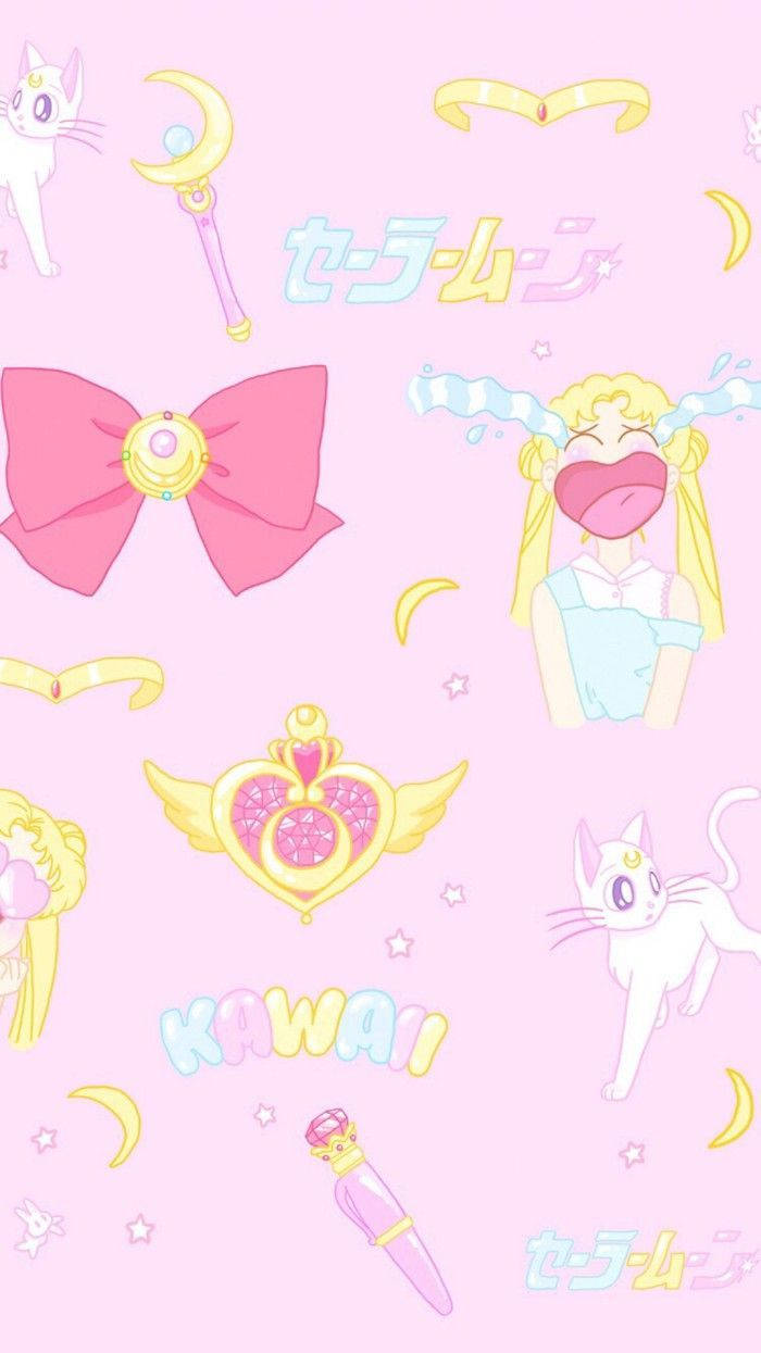 Elemente Sailor Moon pe fundal roz Kawaii Fundal