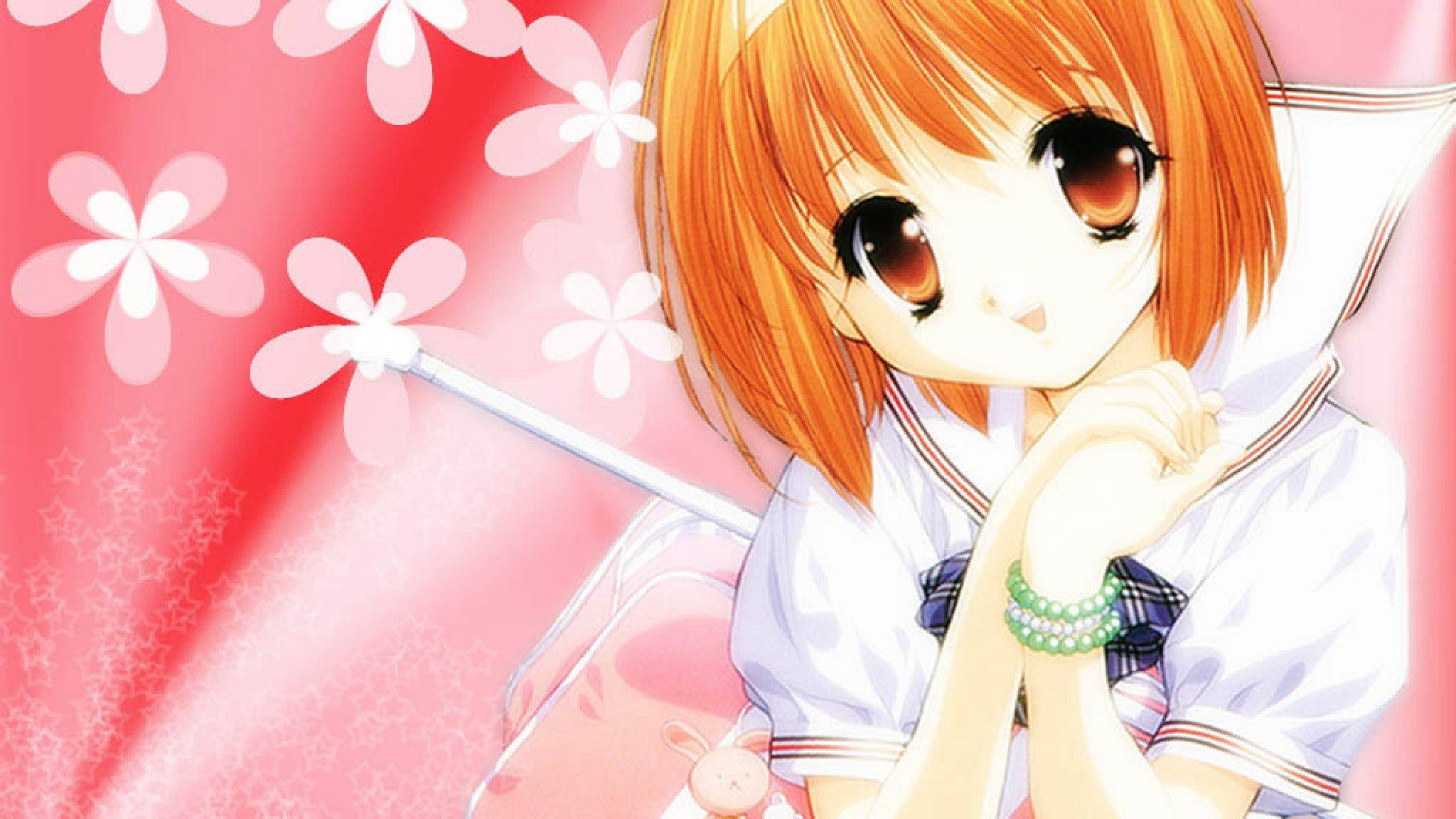 Elevă anime kawaii cu flori roz Fundal