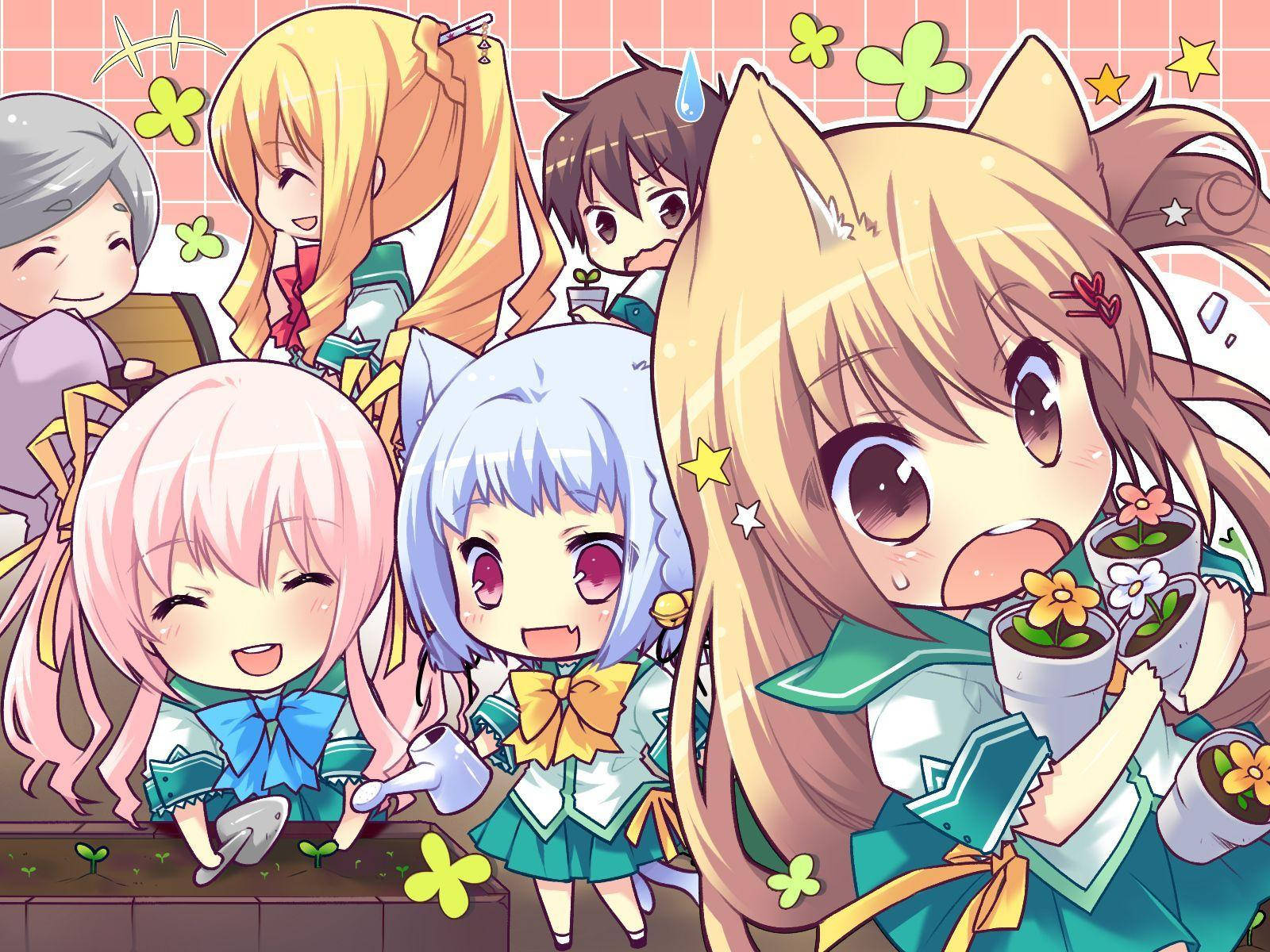 Elevi anime kawaii care grădinăresc Fundal