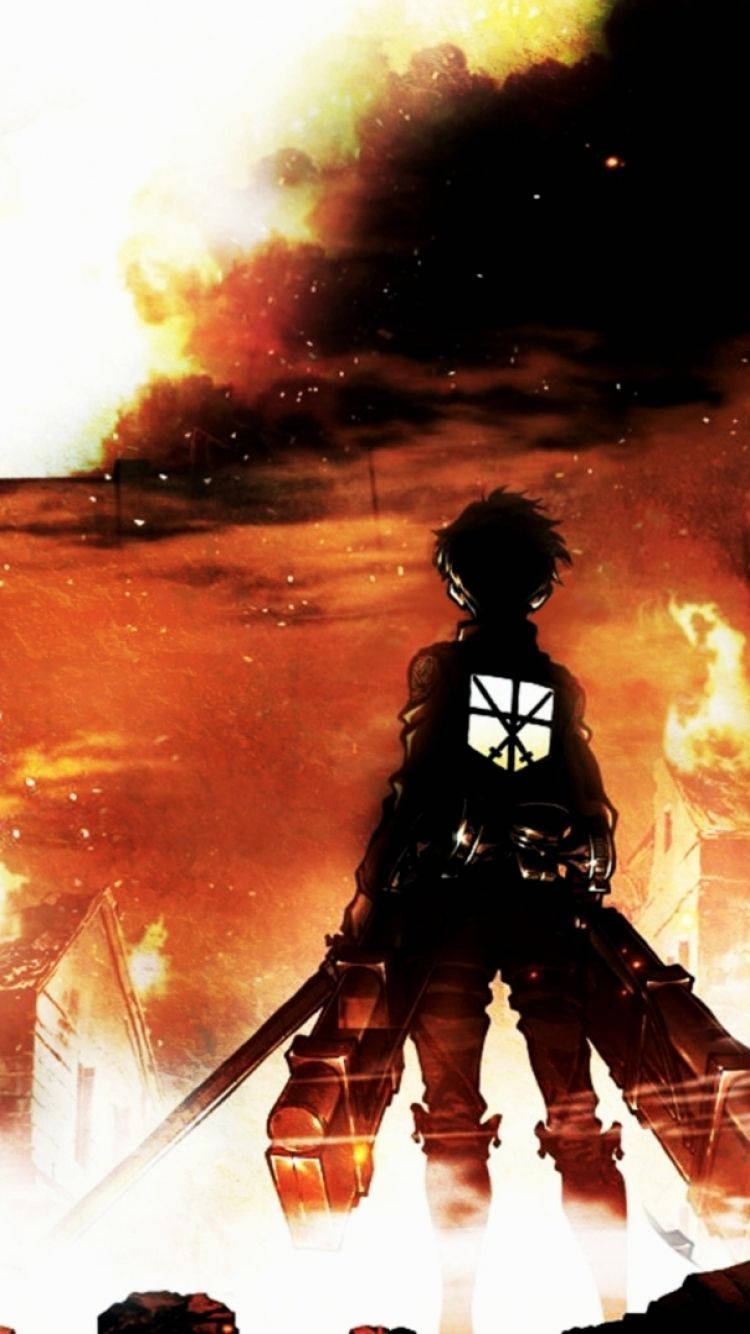 Vedere din spate a lui Eren Jaeger, cu fum și foc care se ridică, într-un wallpaper Attack On Titan. — Attack On Titan Fundal